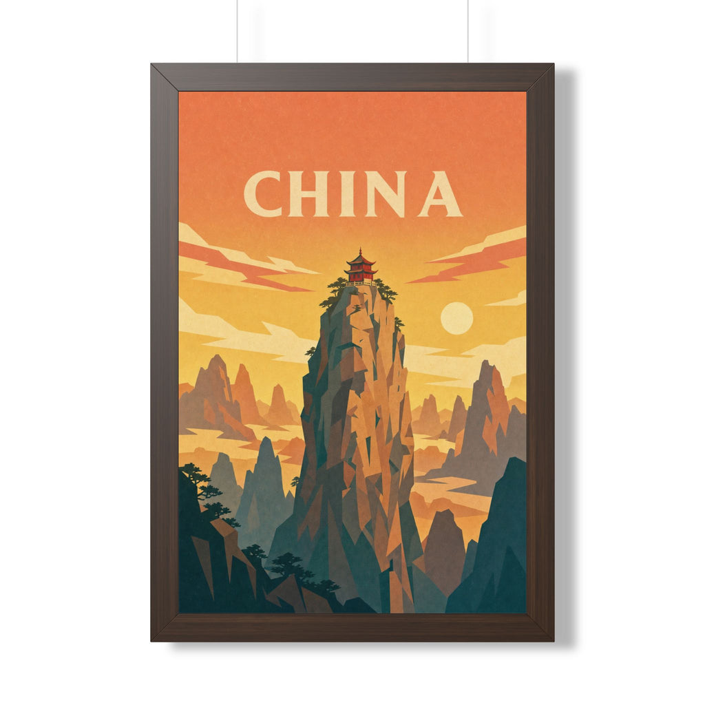 China Mountain Temple China Framed Poster | Vintage Travel Wall Art | Black Walnut White Frame | 16x24 20x30
