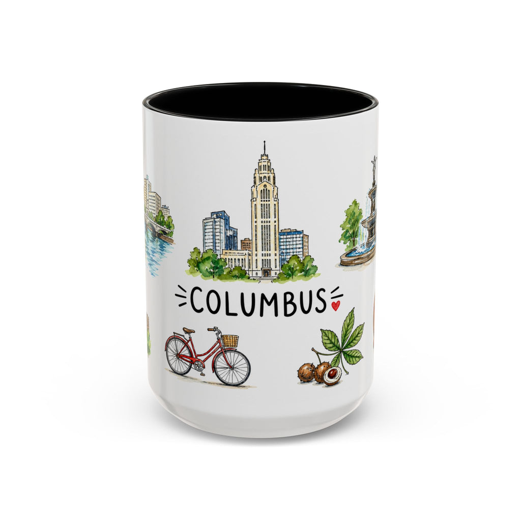 Columbus Illustrated Travel Mug | City Souvenir Accent Coffee Mug | 11oz 15oz Ceramic Cup