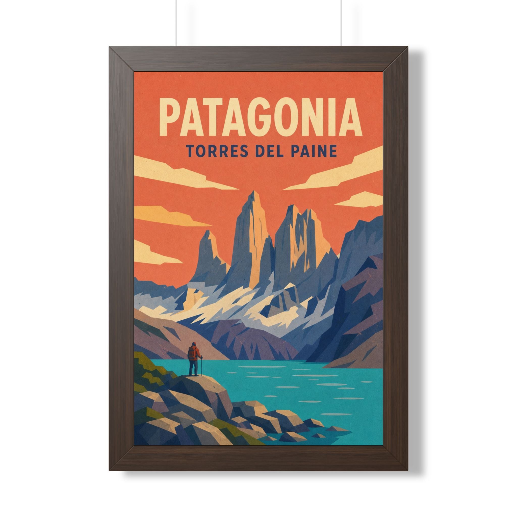 Torres del Paine Chile Framed Poster | Vintage Travel Wall Art | Black Walnut White Frame | 16x24 20x30