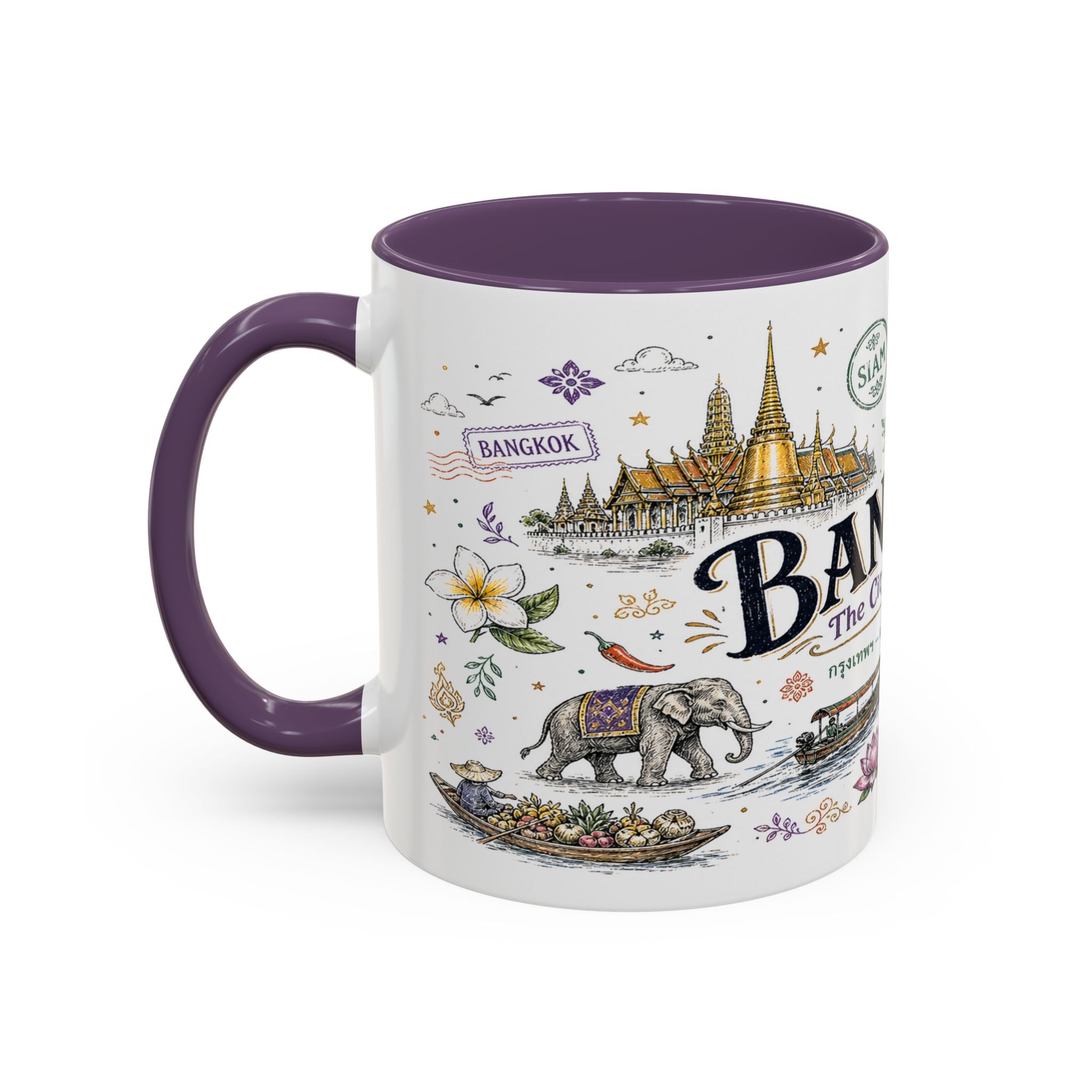 Bangkok Coffee Mug | Thailand Souvenir Travel Gift | Accent Color Ceramic 11oz 15oz