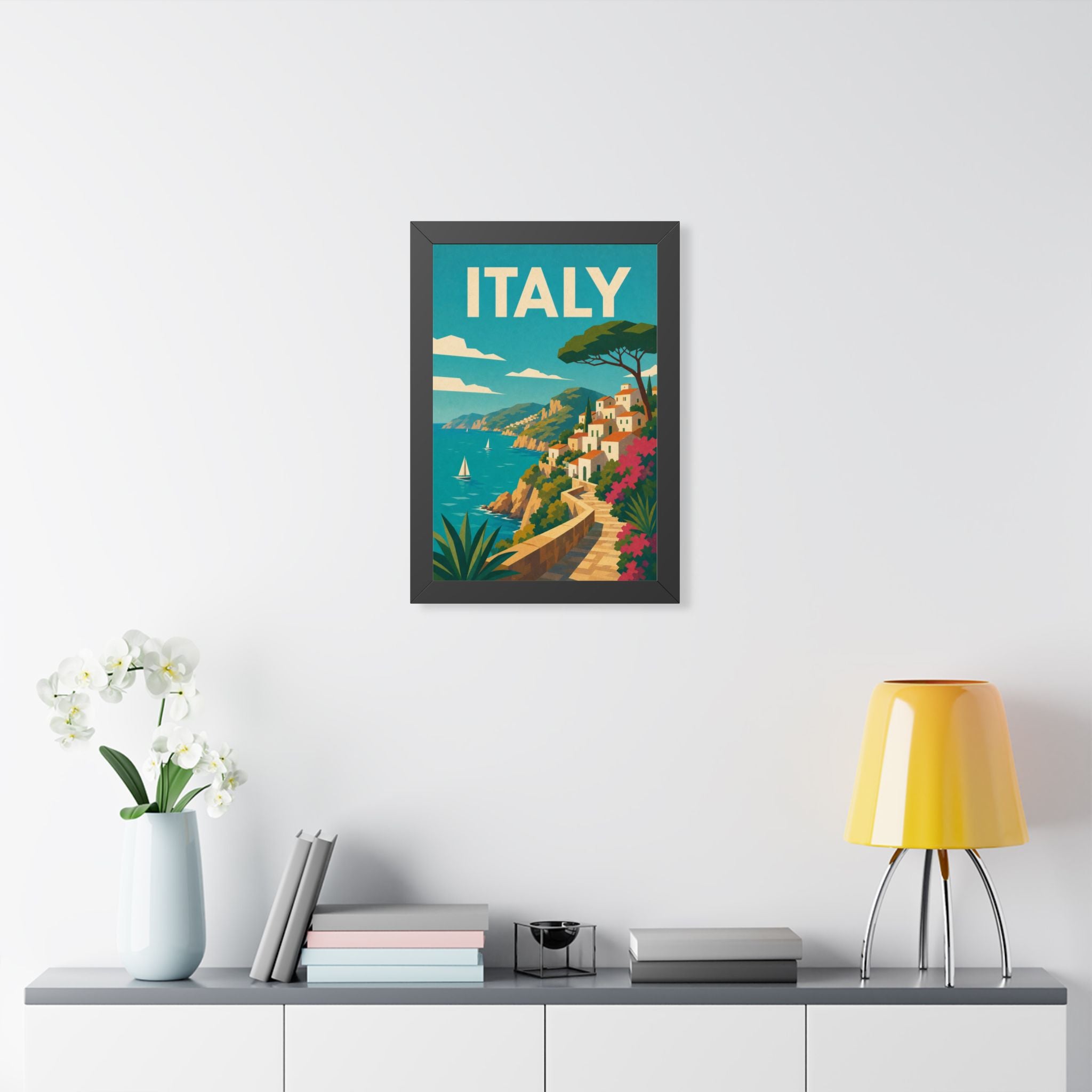 Italian Cliffside Coast Italy Framed Poster | Vintage Travel Wall Art | Black Walnut White Frame | 16x24 20x30