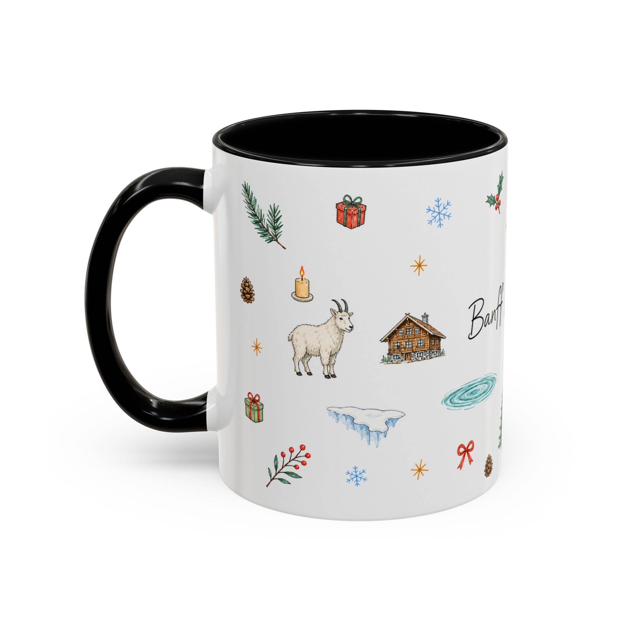 Banff Lake Louise Christmas Mug | Watercolor Travel Souvenir | Holiday Gift | Accent Ceramic Coffee Cup 11oz 15oz