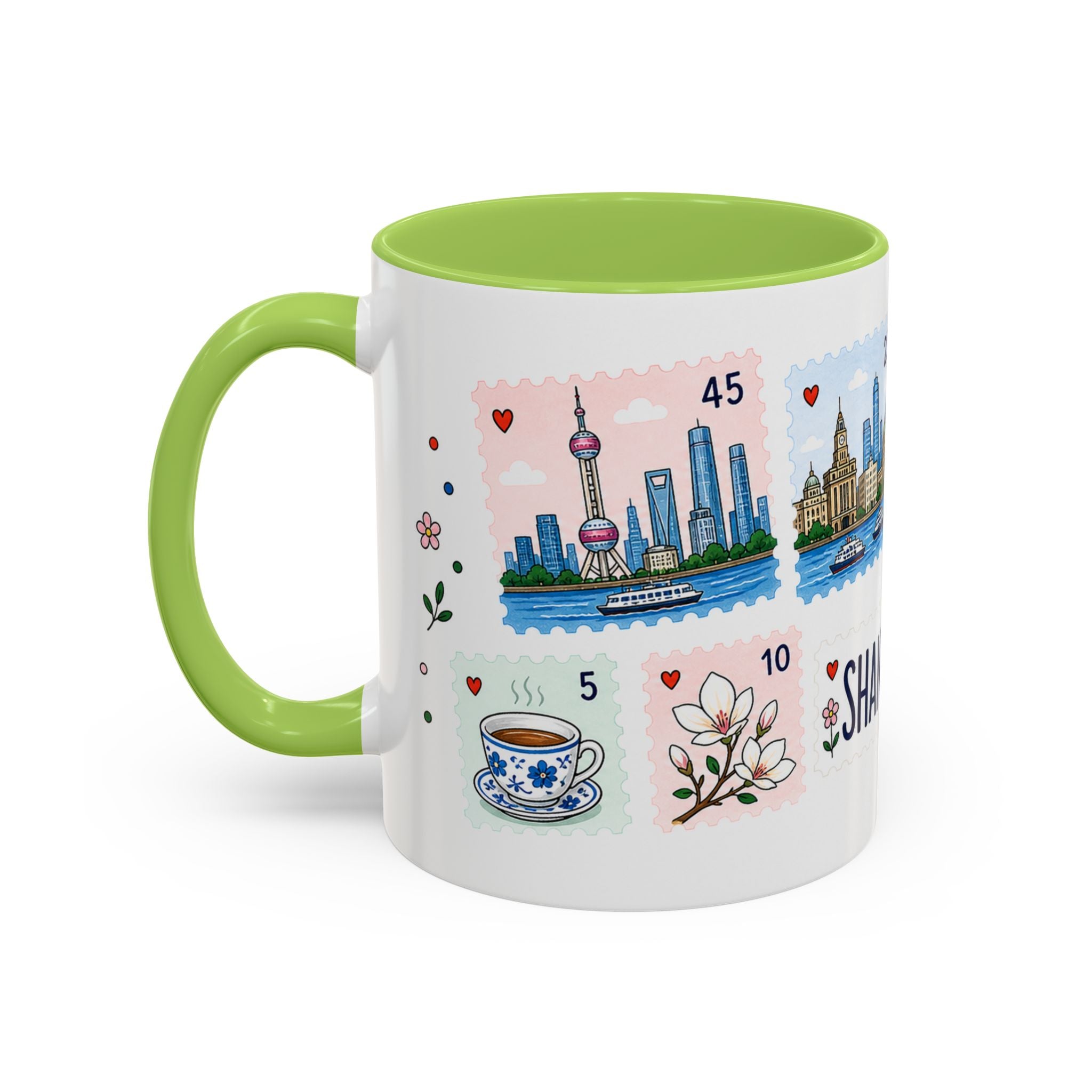 Shanghai Coffee Mug | Postage Stamp Collage Mug | Travel Souvenir Accent Cup 11oz 15oz