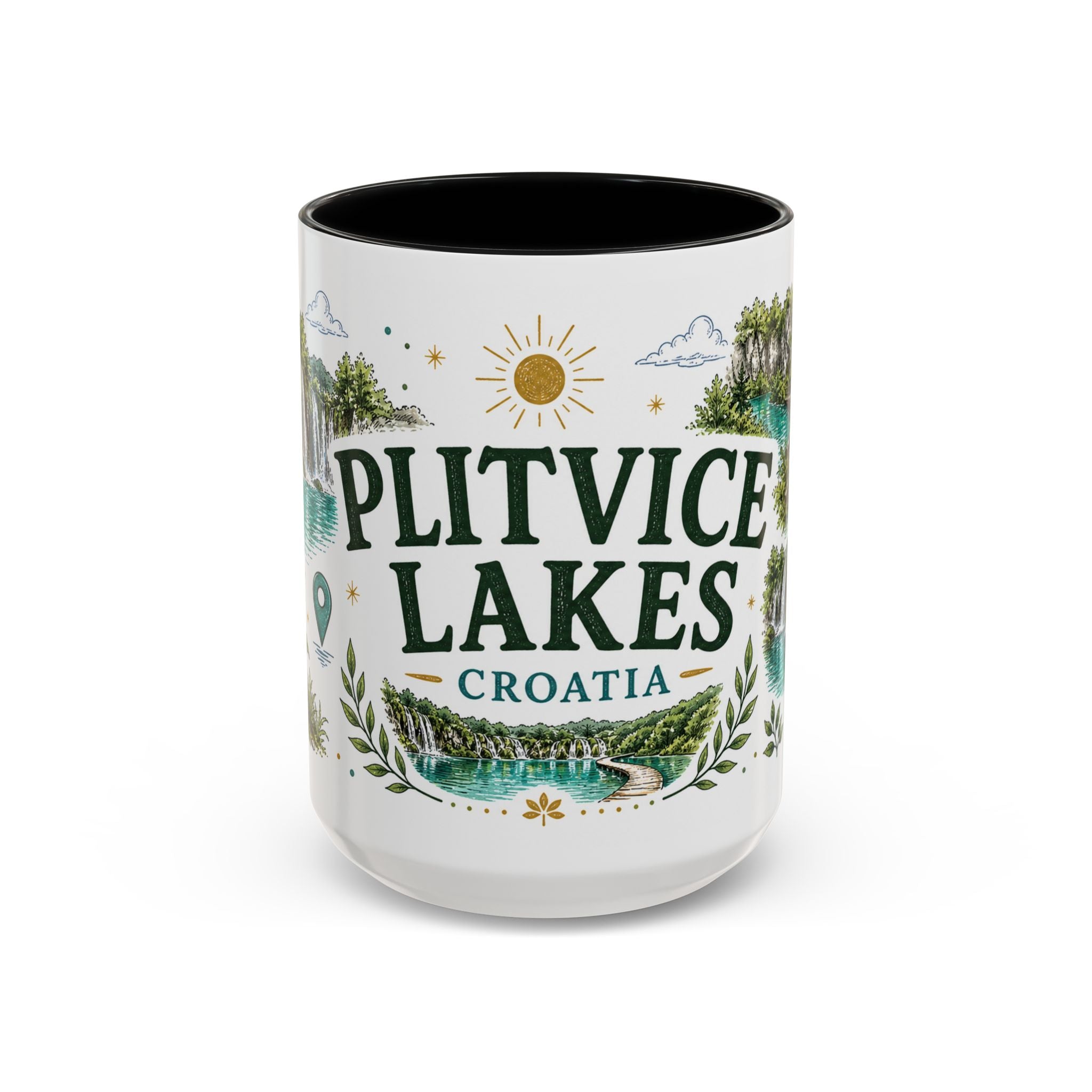 Plitvice Lakes Coffee Mug | Travel Destination Souvenir Gift | Accent Color Ceramic 11oz 15oz