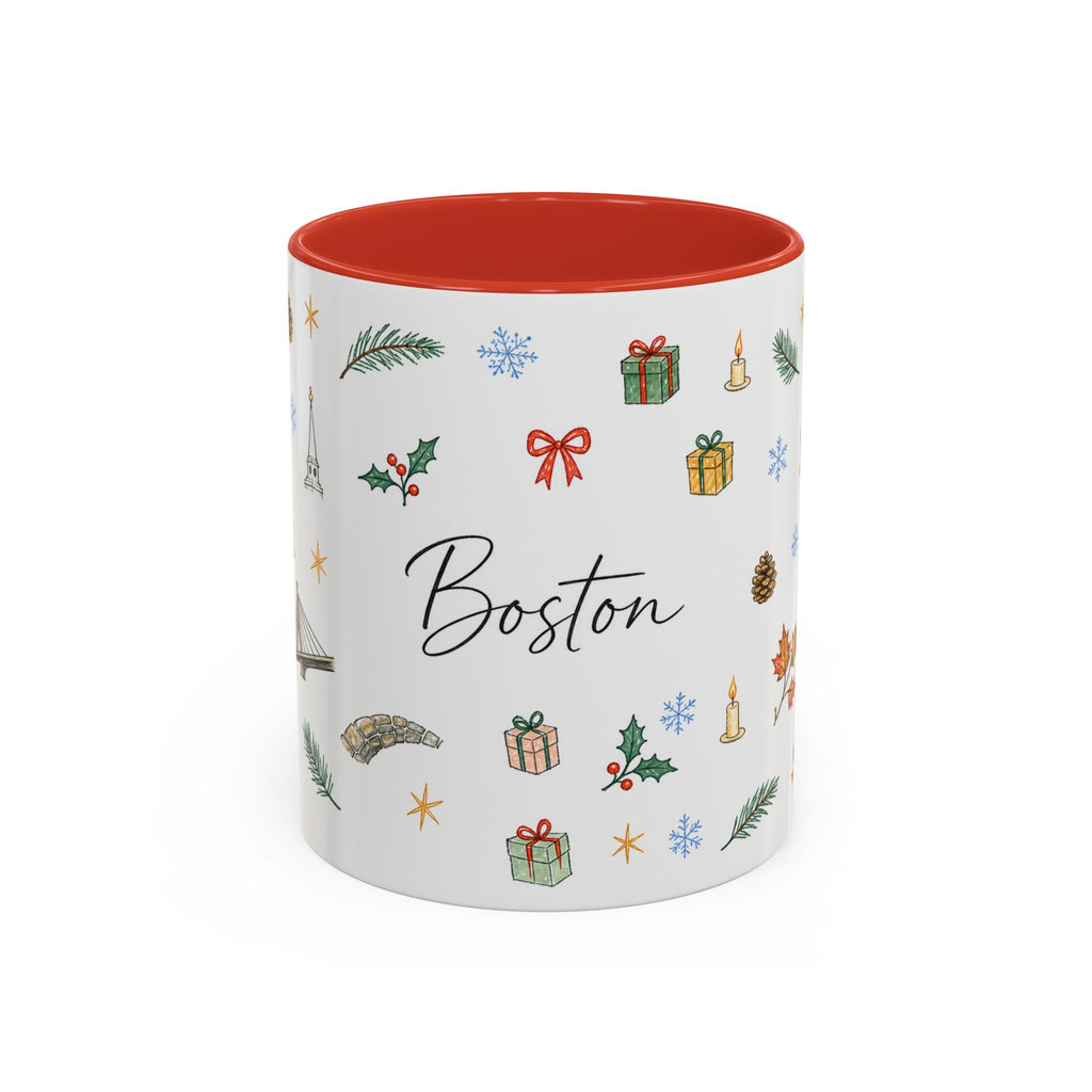 Boston Christmas Mug | Watercolor Travel Souvenir | Holiday Gift | Accent Ceramic Coffee Cup 11oz 15oz