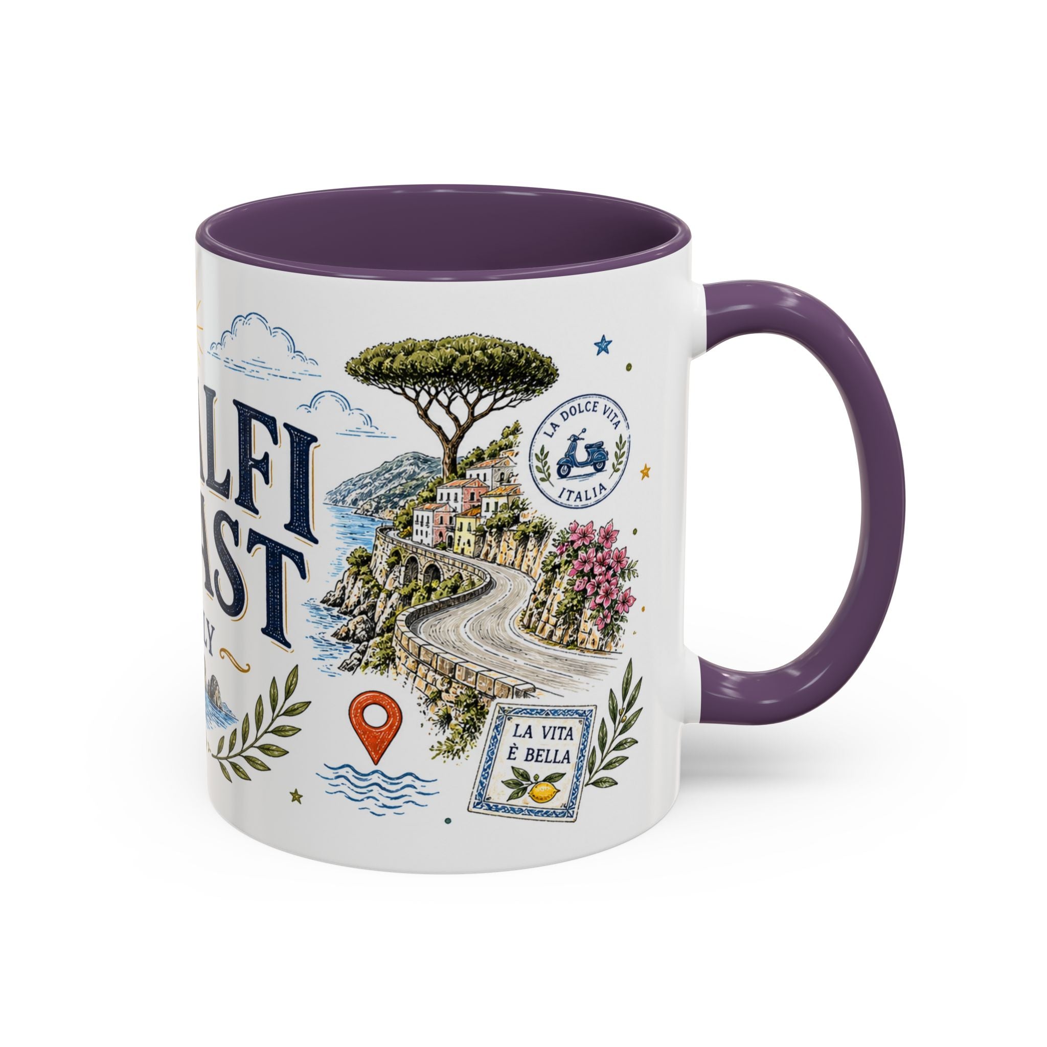 Amalfi Coast Coffee Mug | Travel Destination Souvenir Gift | Accent Color Ceramic 11oz 15oz