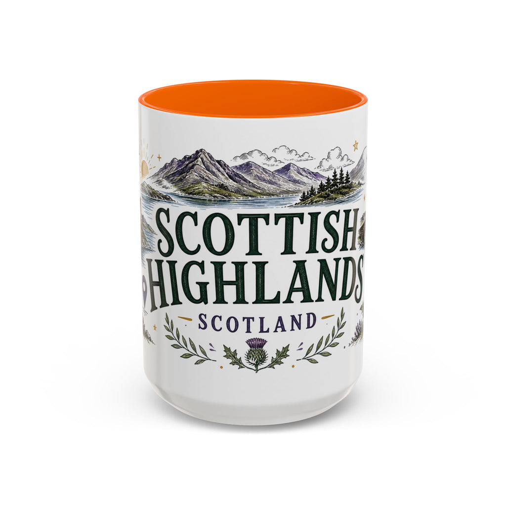 Scottish Highlands Coffee Mug | Travel Destination Souvenir Gift | Accent Color Ceramic 11oz 15oz