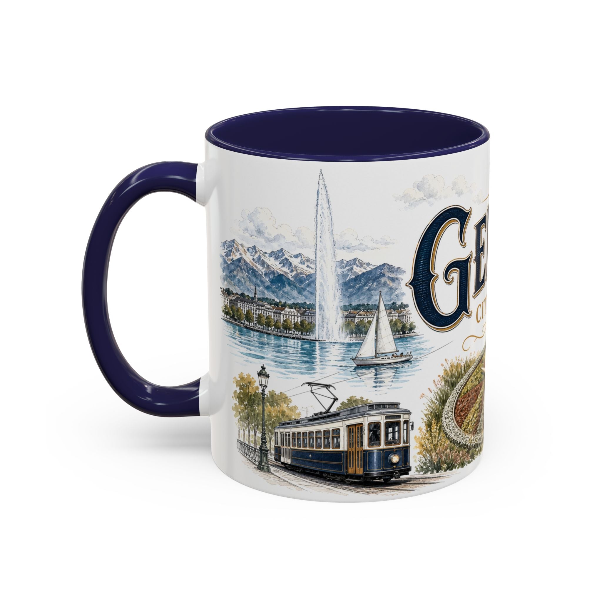 Geneva Coffee Mug | Switzerland Travel Souvenir | Vintage Illustrated City Gift | 11 oz 15 oz Accent Mug