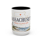 Massachusetts State Map Mug | Coastal Scene, Botanical Accents (11oz, 15oz)