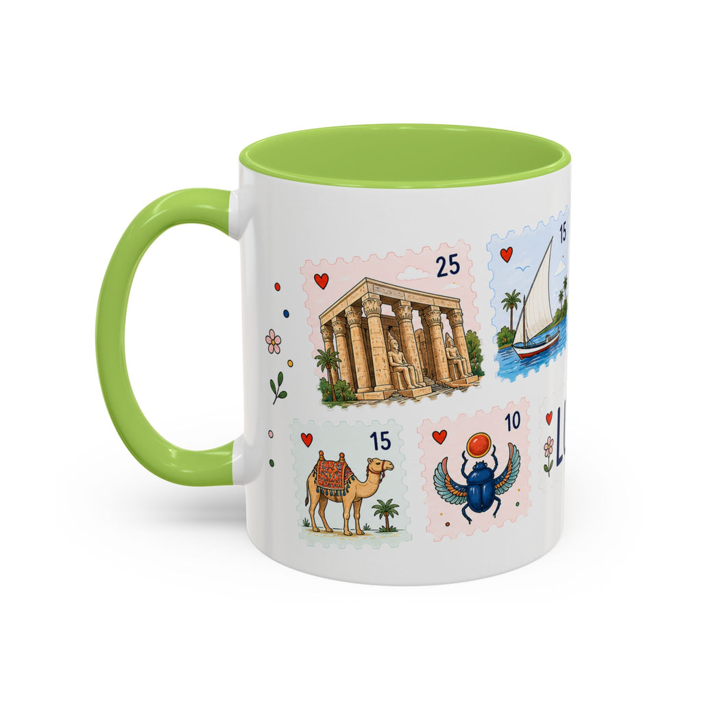Luxor Coffee Mug | Postage Stamp Collage Mug | Travel Souvenir Accent Cup 11oz 15oz