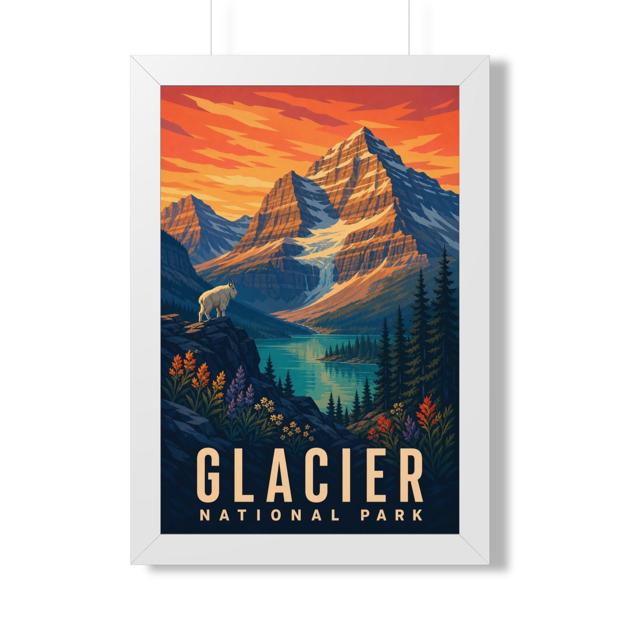 Glacier National Park Framed Poster | Vintage Travel Wall Art | Black Walnut White Frame | 16x24 20x30