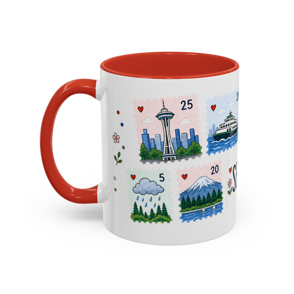 Seattle Coffee Mug | Postage Stamp Collage Mug | Travel Souvenir Accent Cup 11oz 15oz