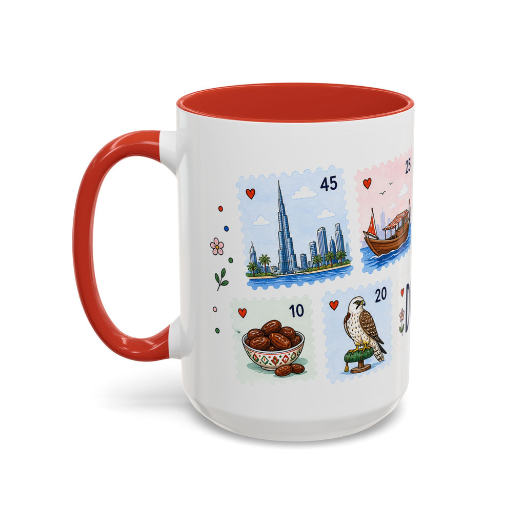 Dubai Coffee Mug | Postage Stamp Collage Mug | Travel Souvenir Accent Cup 11oz 15oz