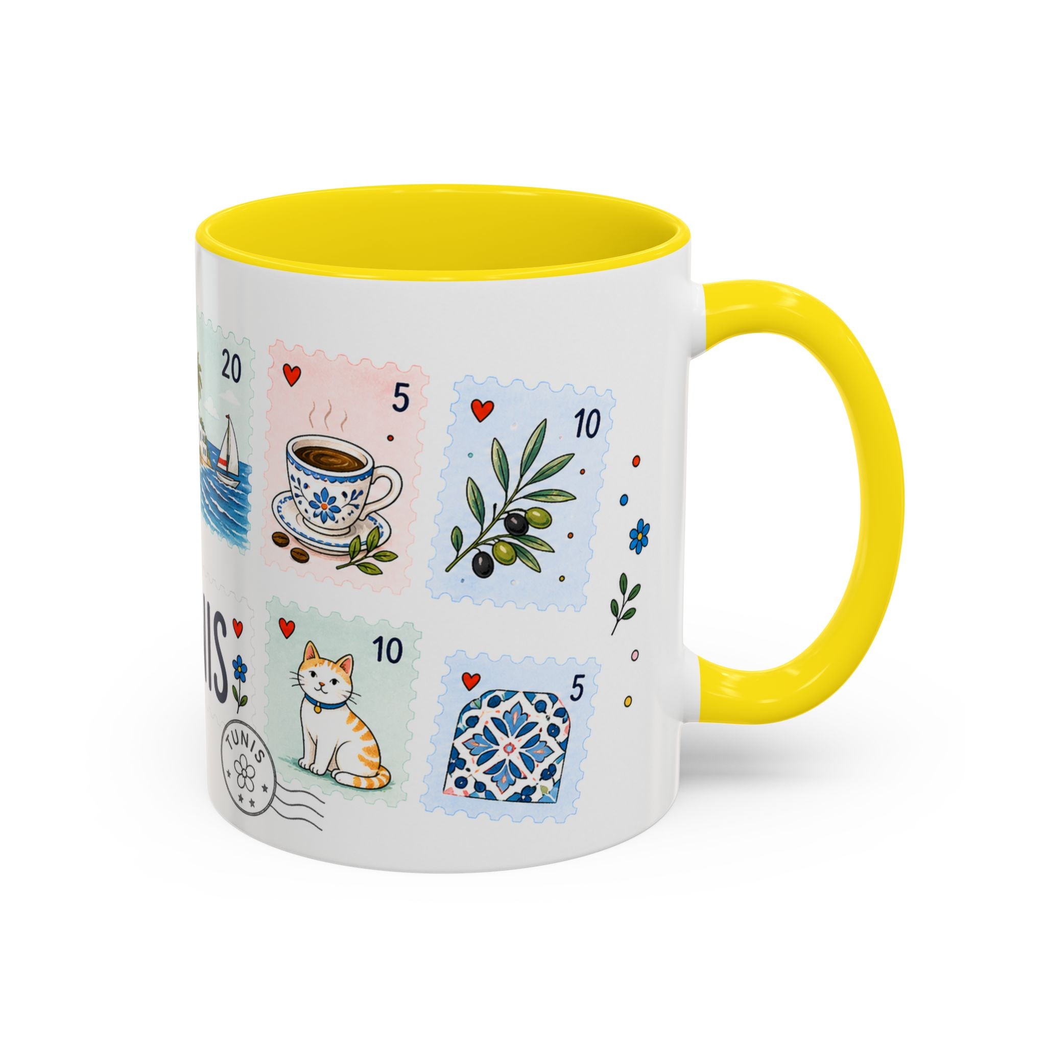 Tunis Coffee Mug | Postage Stamp Collage Mug | Travel Souvenir Accent Cup 11oz 15oz