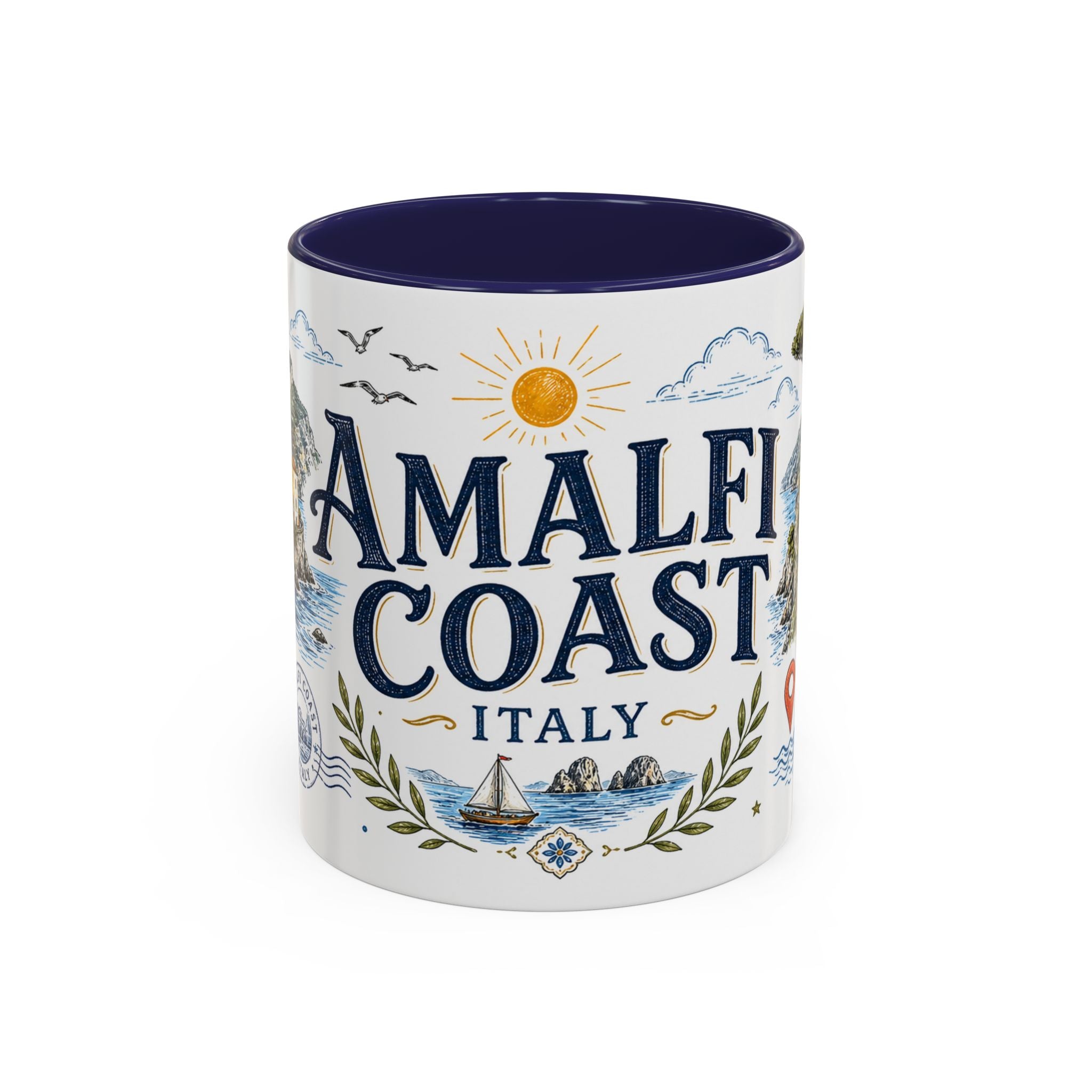 Amalfi Coast Coffee Mug | Travel Destination Souvenir Gift | Accent Color Ceramic 11oz 15oz
