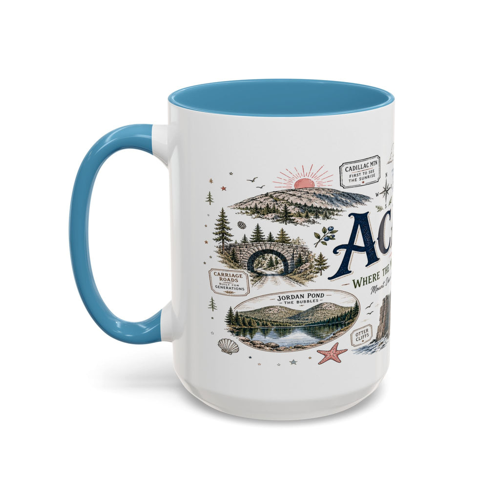 Acadia Coffee Mug | National Park Hiking Coastal Gift | Accent Color Ceramic 11oz 15oz