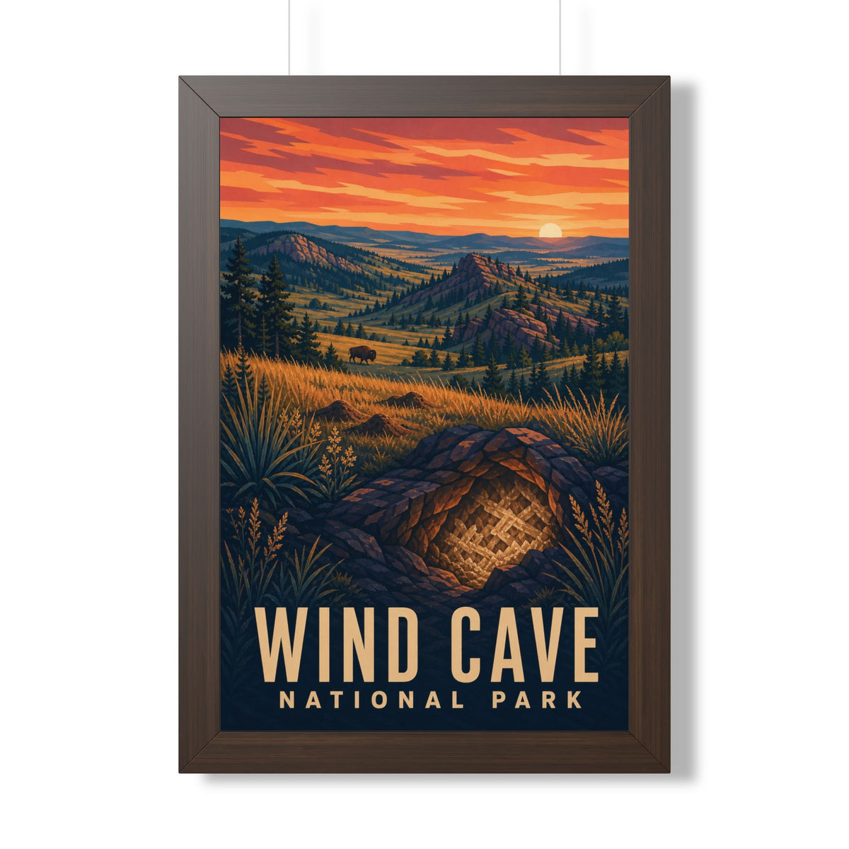 Wind Cave National Park Framed Poster | Vintage Travel Wall Art | Black Walnut White Frame | 16x24 20x30