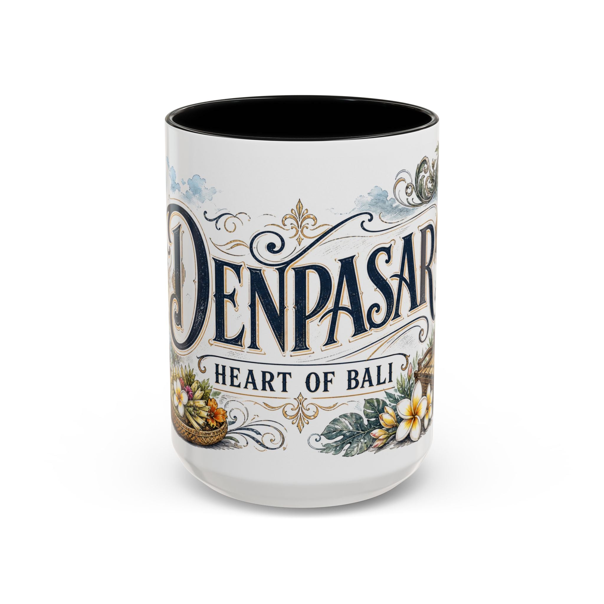Denpasar Coffee Mug | Indonesia Travel Souvenir | Vintage Illustrated City Gift | 11 oz 15 oz Accent Mug