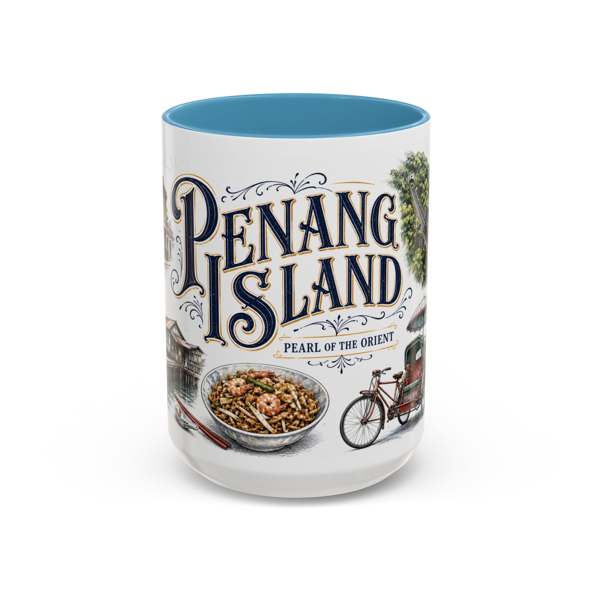 Penang Island Coffee Mug | Malaysia Travel Souvenir | Vintage Illustrated City Gift | 11 oz 15 oz Accent Mug