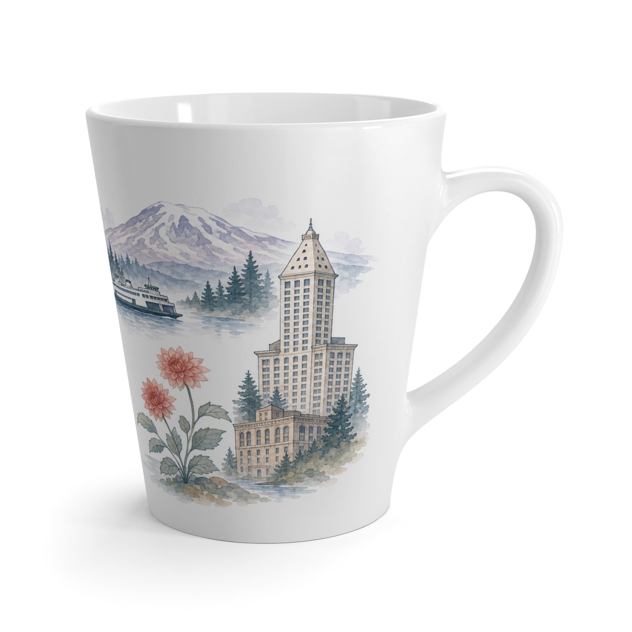 Seattle Latte Mug | Watercolor City Travel Mug | 12 oz Ceramic Souvenir Gift