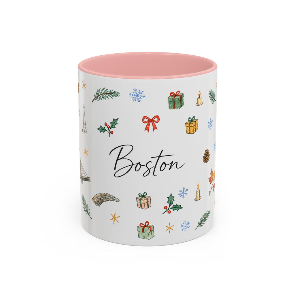 Boston Christmas Mug | Watercolor Travel Souvenir | Holiday Gift | Accent Ceramic Coffee Cup 11oz 15oz