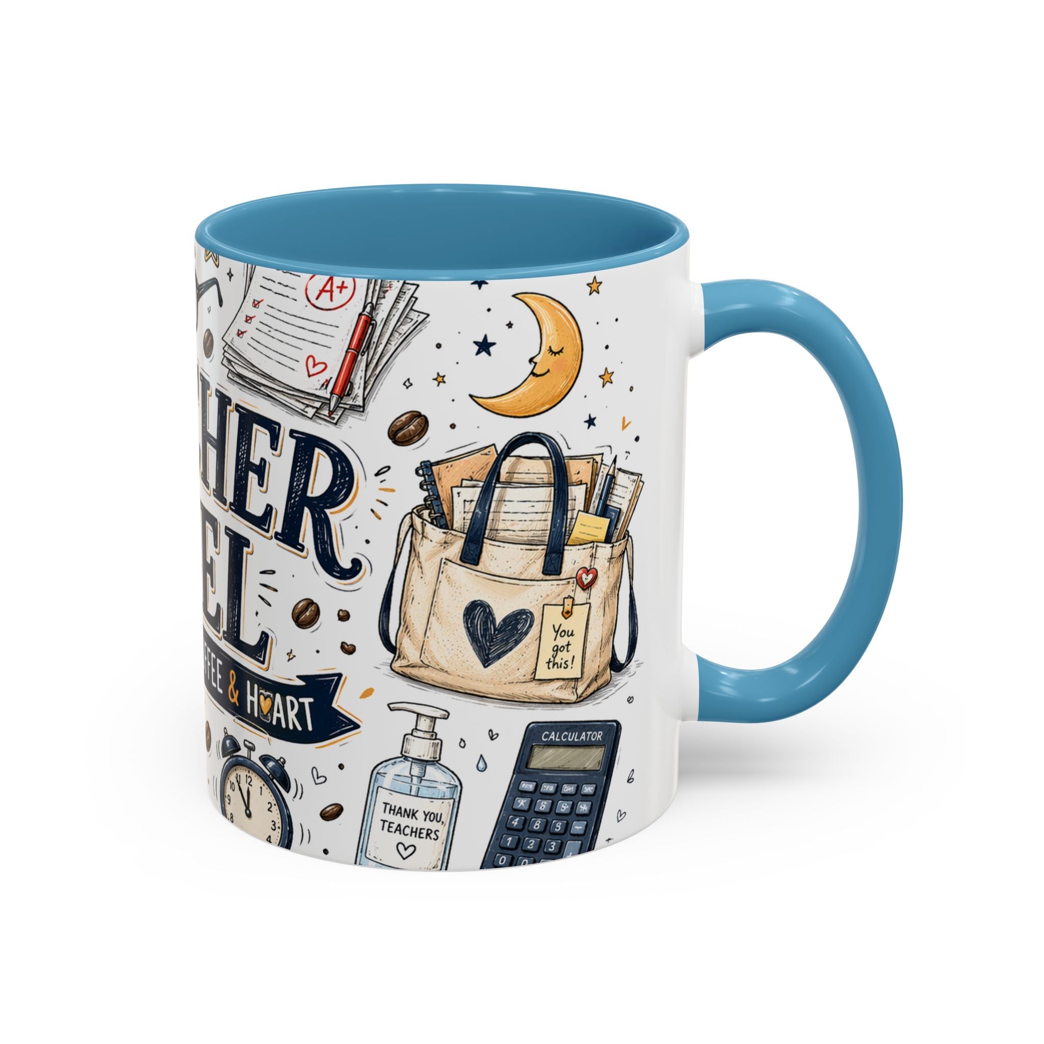 Teacher Fuel Coffee Mug | Powered by Coffee and Wine Funny Gift | Accent Color Ceramic 11oz 15oz