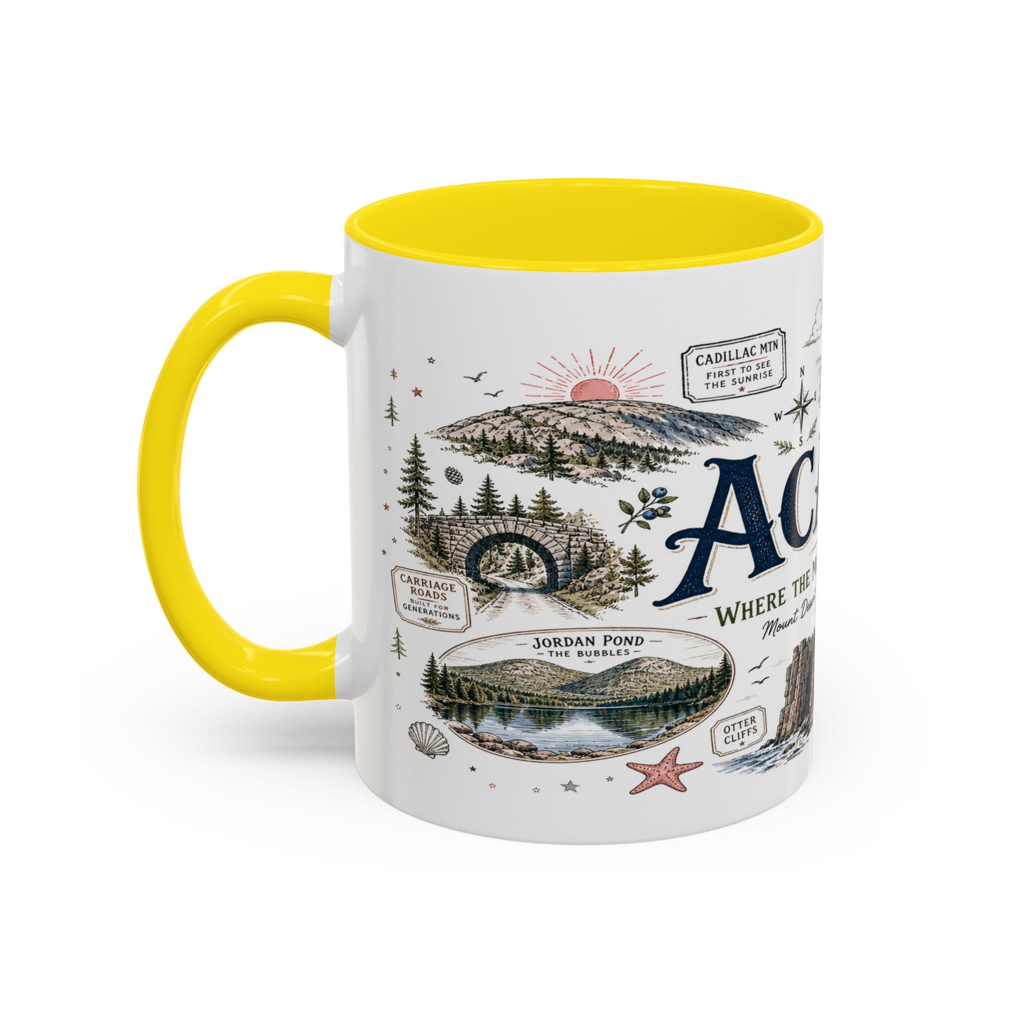 Acadia Coffee Mug | National Park Hiking Coastal Gift | Accent Color Ceramic 11oz 15oz