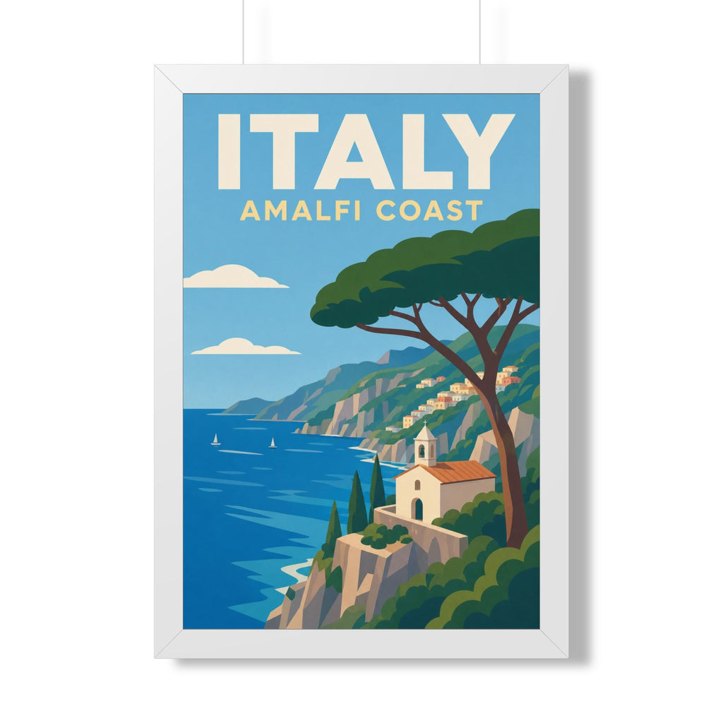 Amalfi Coast Italy Framed Poster | Vintage Travel Wall Art | Black Walnut White Frame | 16x24 20x30