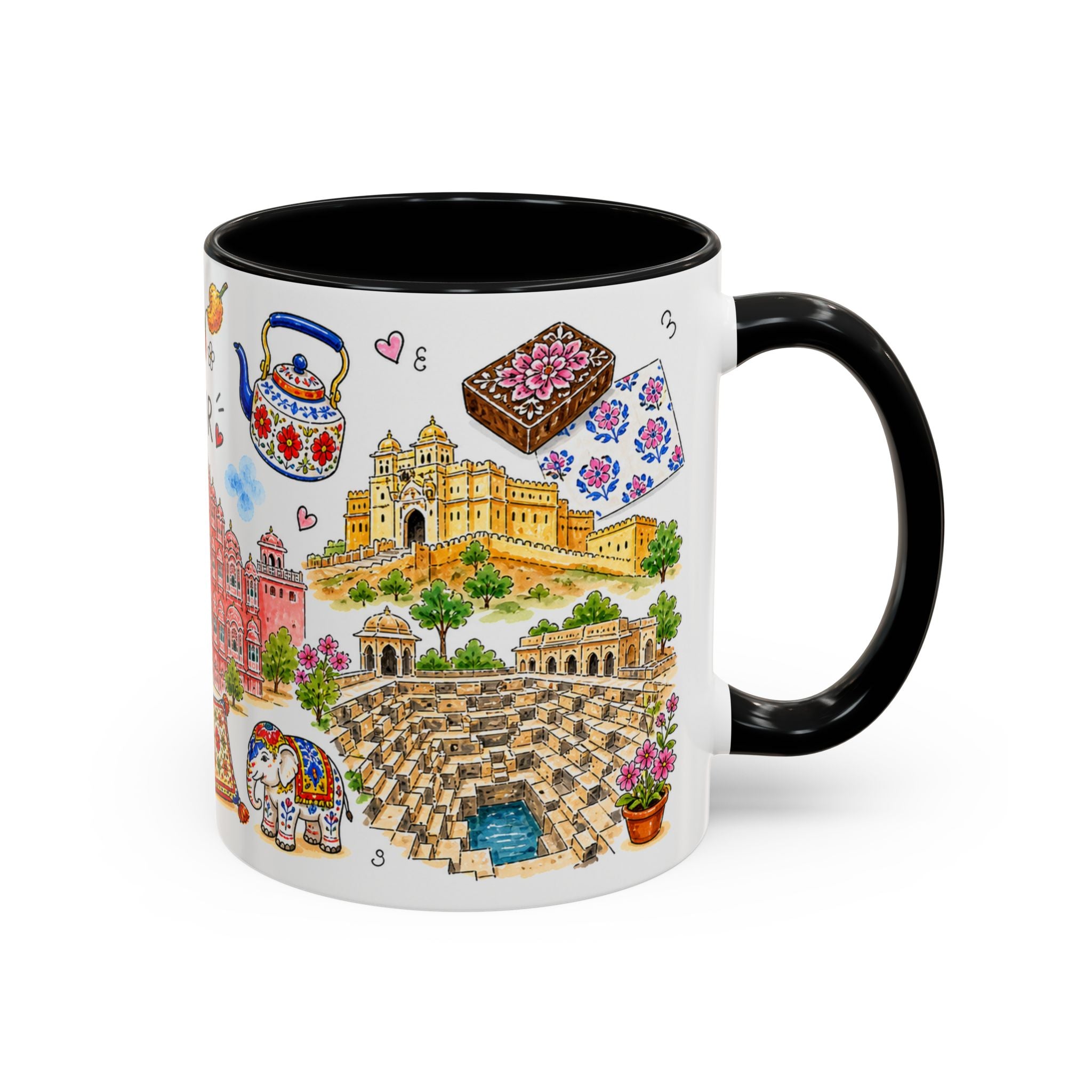 Jaipur Illustrated Travel Mug | City Souvenir Accent Coffee Mug | 11oz 15oz Ceramic Cup