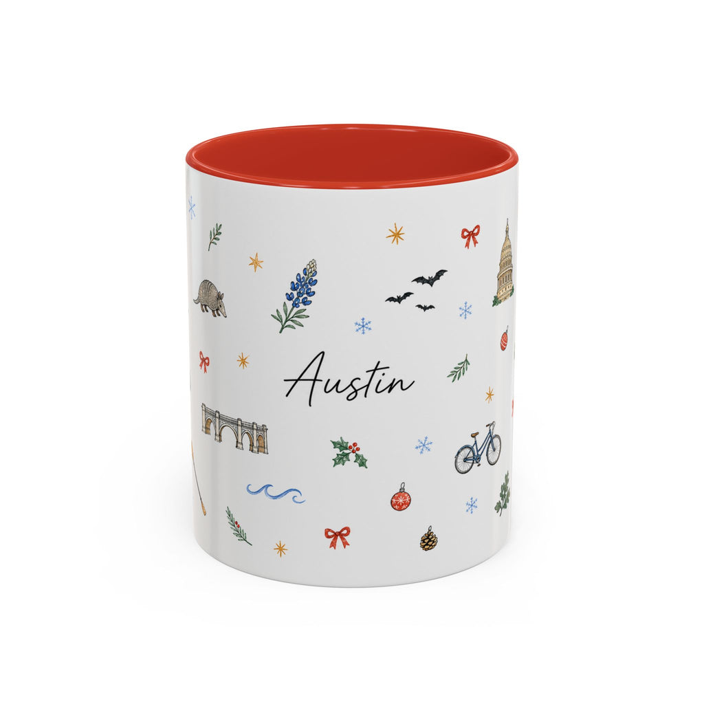 Austin Christmas Mug | Watercolor Travel Souvenir | Holiday Gift | Accent Ceramic Coffee Cup 11oz 15oz