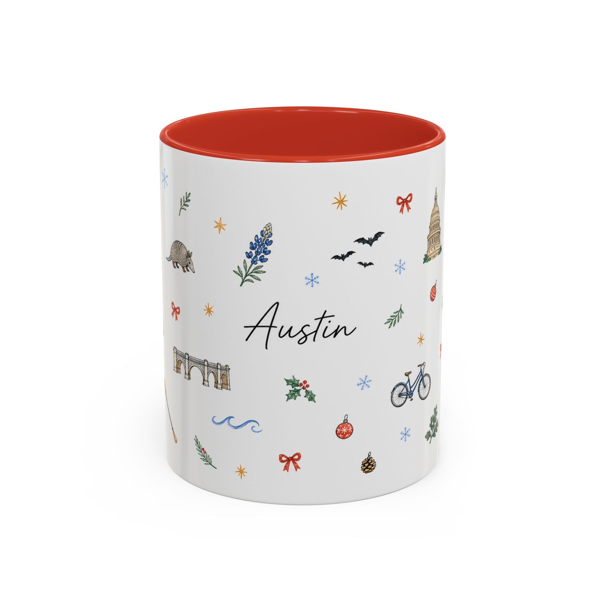 Austin Christmas Mug | Watercolor Travel Souvenir | Holiday Gift | Accent Ceramic Coffee Cup 11oz 15oz