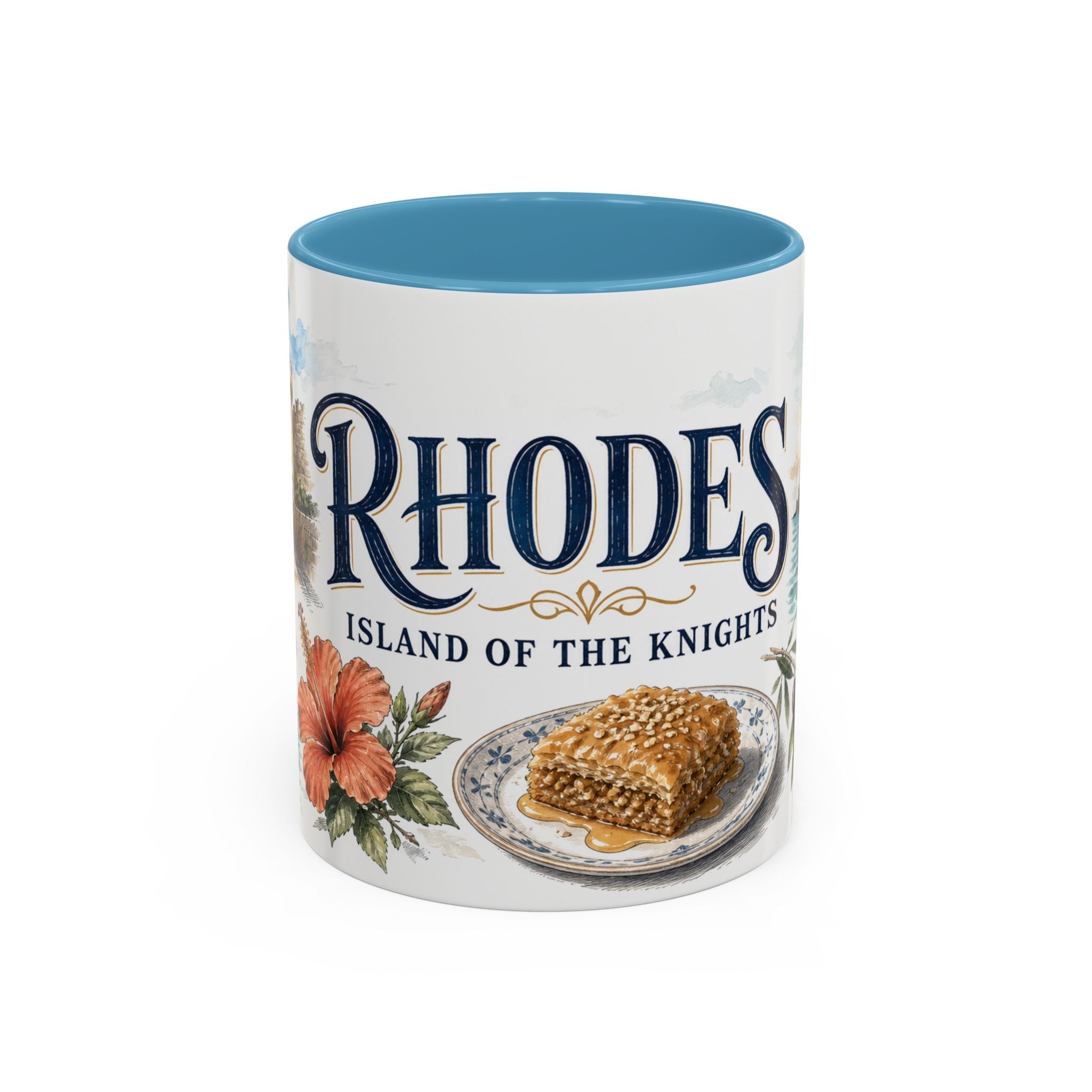 Rhodes Coffee Mug | Greece Travel Souvenir | Vintage Illustrated City Gift | 11 oz 15 oz Accent Mug