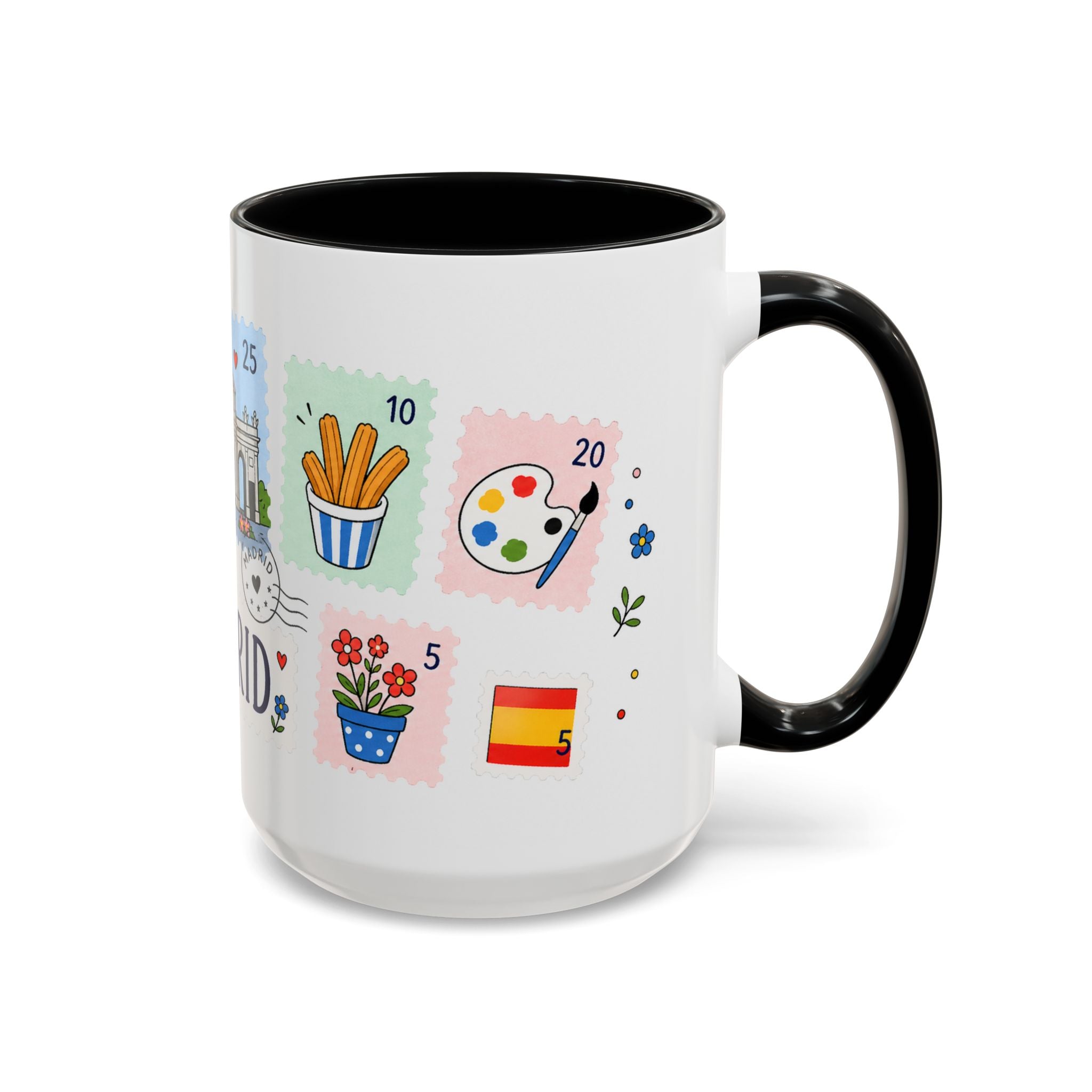 Madrid Coffee Mug | Postage Stamp Collage Mug | Travel Souvenir Accent Cup 11oz 15oz