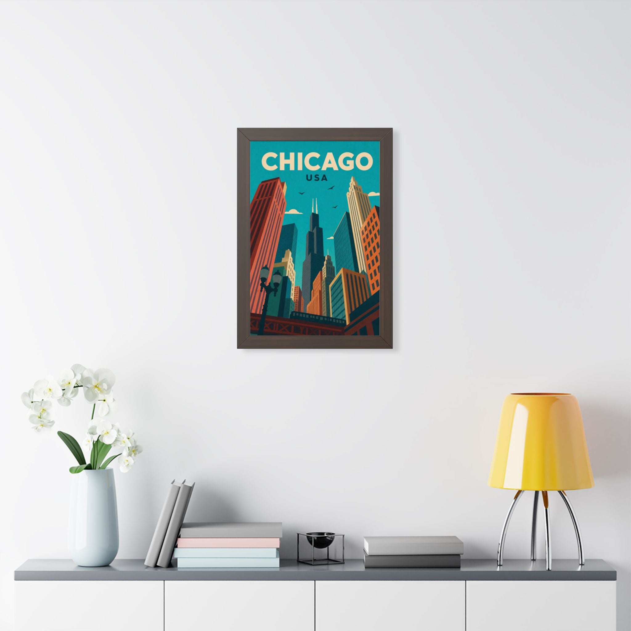 Chicago Downtown United States Framed Poster | Vintage Travel Wall Art | Black Walnut White Frame | 16x24 20x30