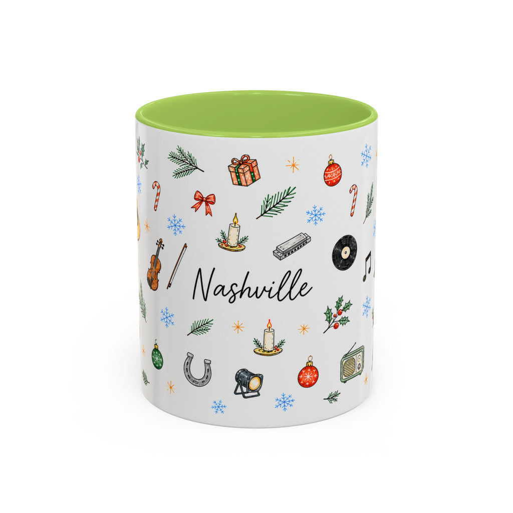 Nashville Christmas Mug | Watercolor City Souvenir, Acoustic Guitar, Harmonica (11oz 15oz)