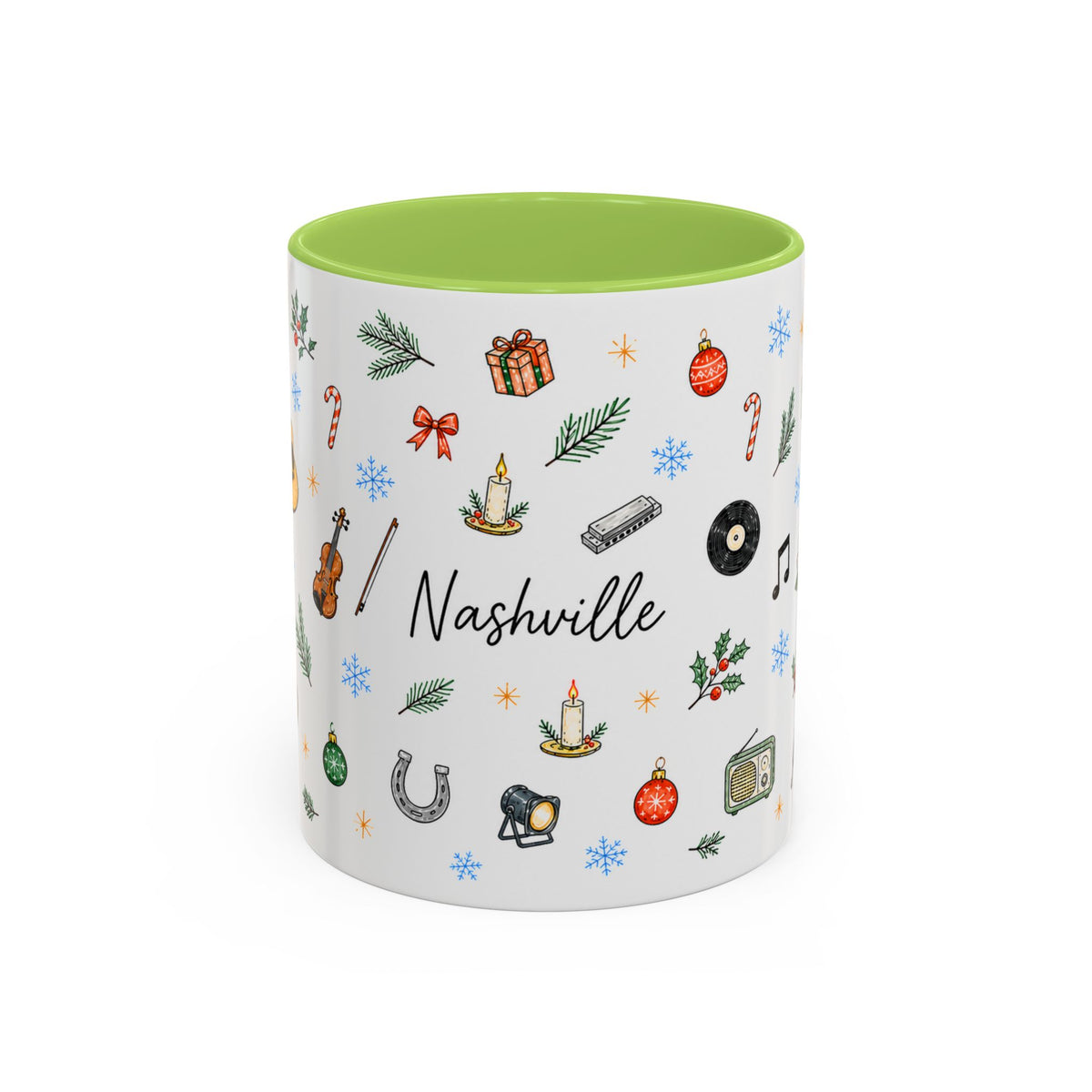 Nashville Christmas Mug | Watercolor City Souvenir, Acoustic Guitar, Harmonica (11oz 15oz)