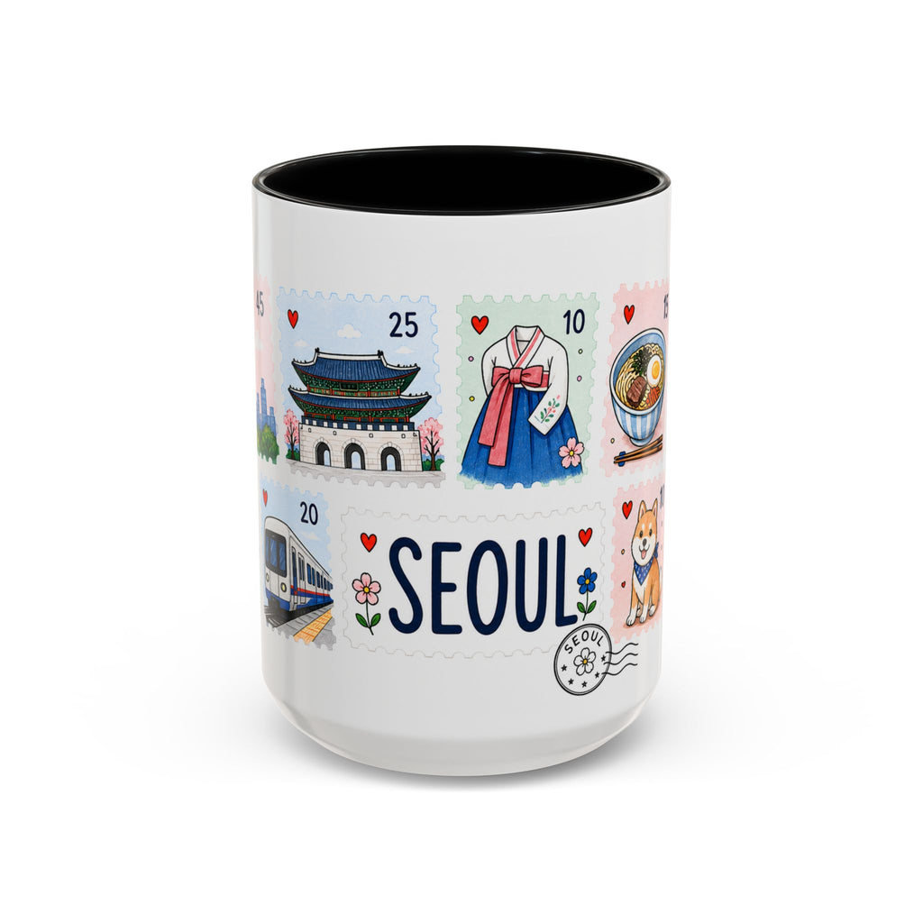 Seoul Coffee Mug | Postage Stamp Collage Mug | Travel Souvenir Accent Cup 11oz 15oz