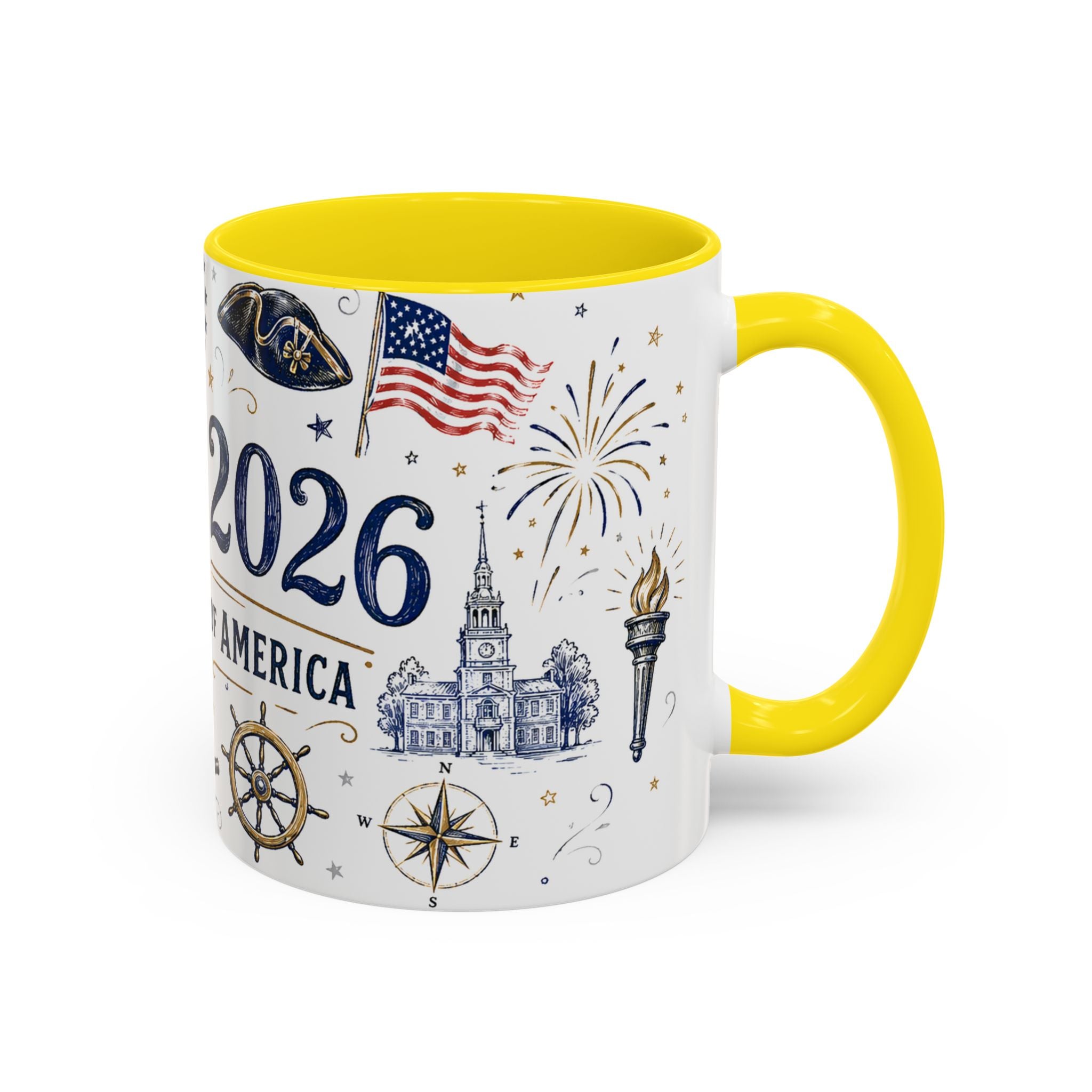 America 250 Coffee Mug | 1776-2026 Patriotic 4th of July Gift | Accent Color Ceramic 11oz 15oz