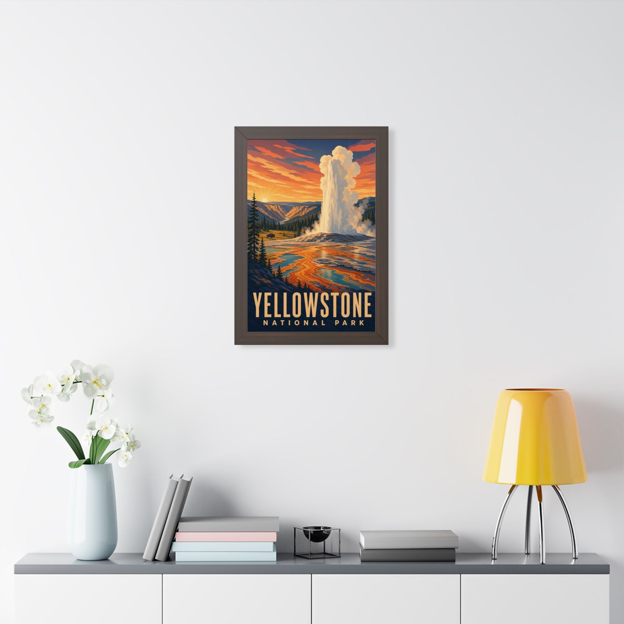 Yellowstone National Park Framed Poster | Vintage Travel Wall Art | Black Walnut White Frame | 16x24 20x30
