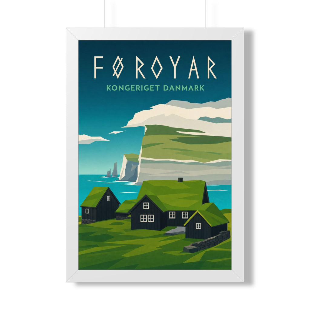 Faroe Islands Denmark Framed Poster | Vintage Travel Wall Art | Black Walnut White Frame | 16x24 20x30
