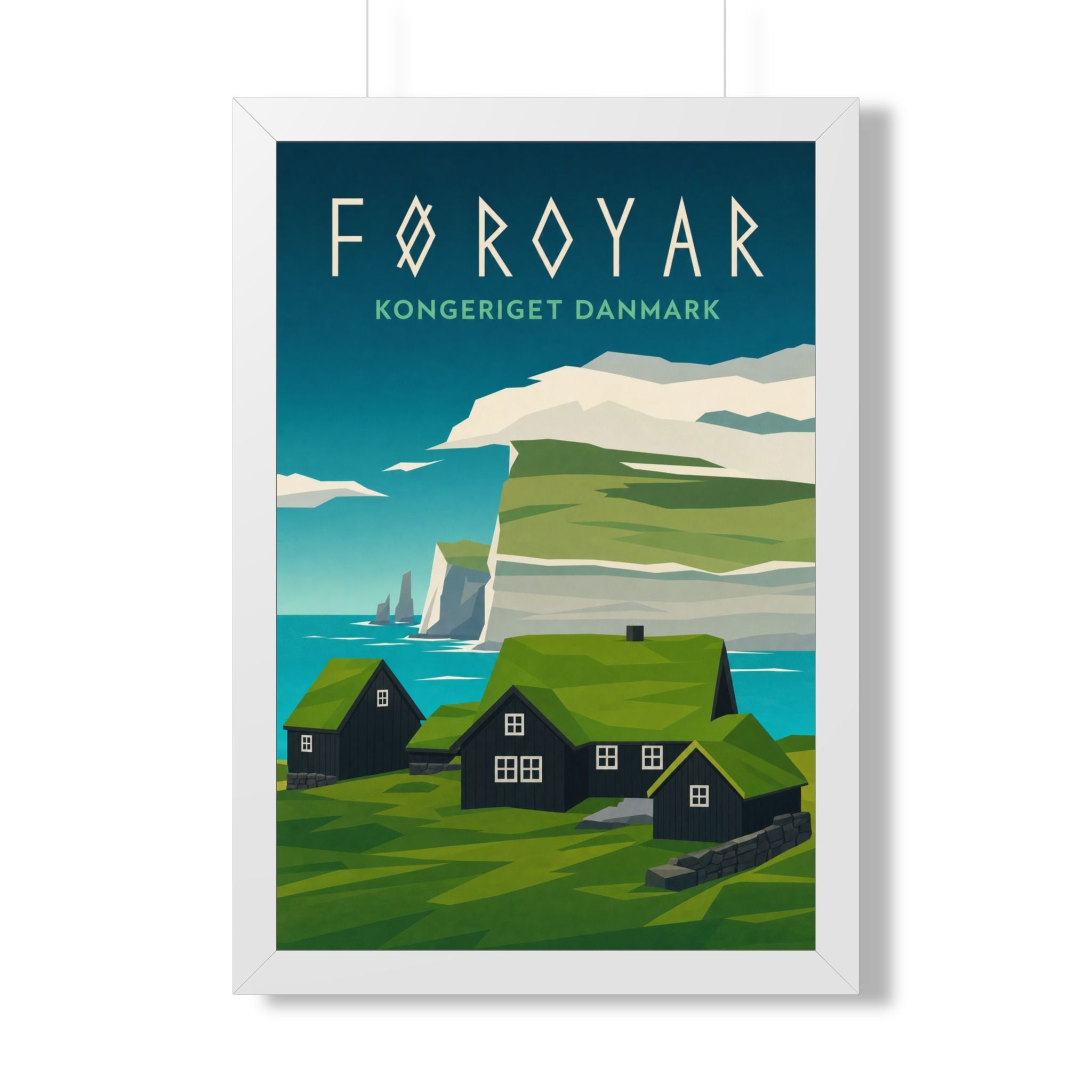 Faroe Islands Denmark Framed Poster | Vintage Travel Wall Art | Black Walnut White Frame | 16x24 20x30