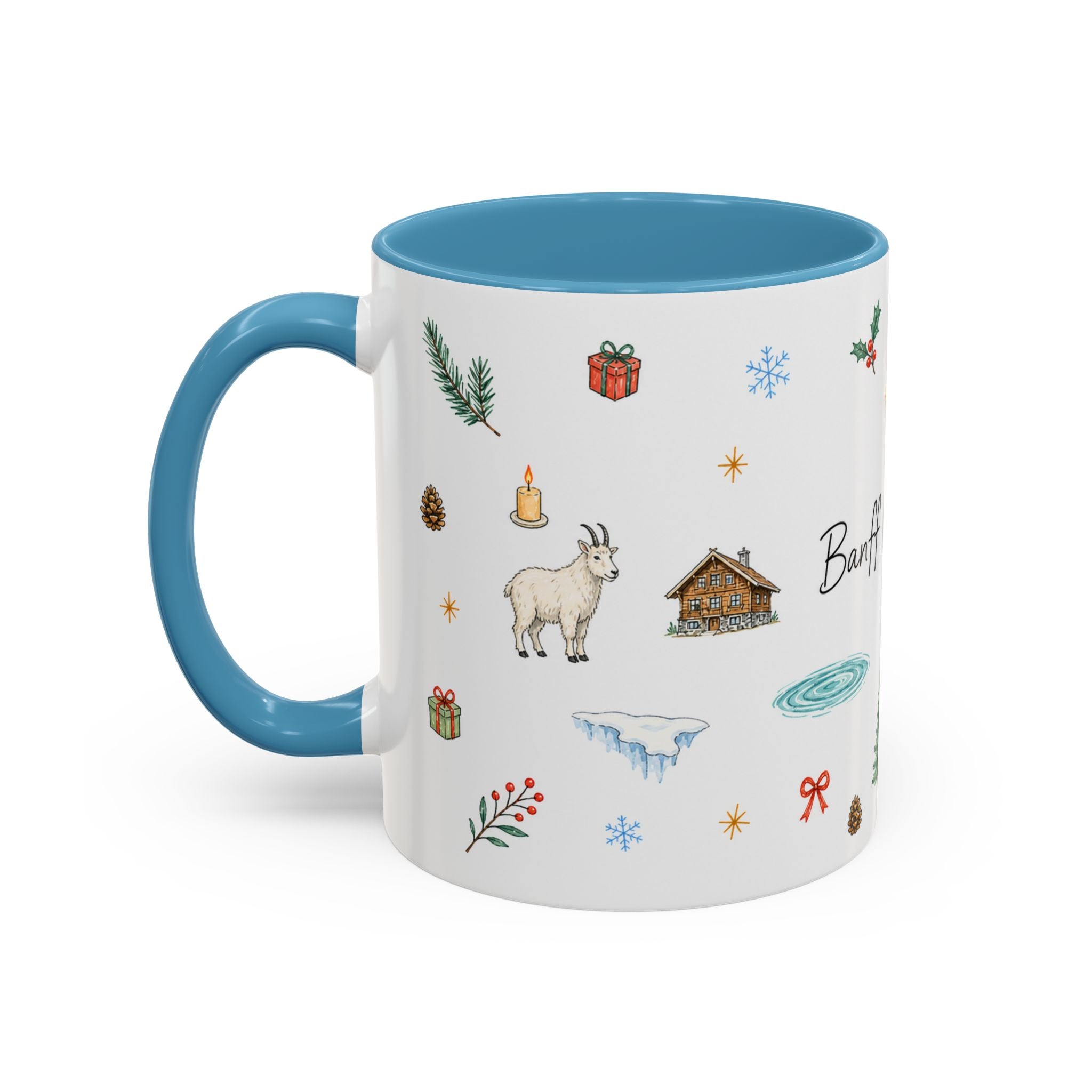 Banff Lake Louise Christmas Mug | Watercolor Travel Souvenir | Holiday Gift | Accent Ceramic Coffee Cup 11oz 15oz