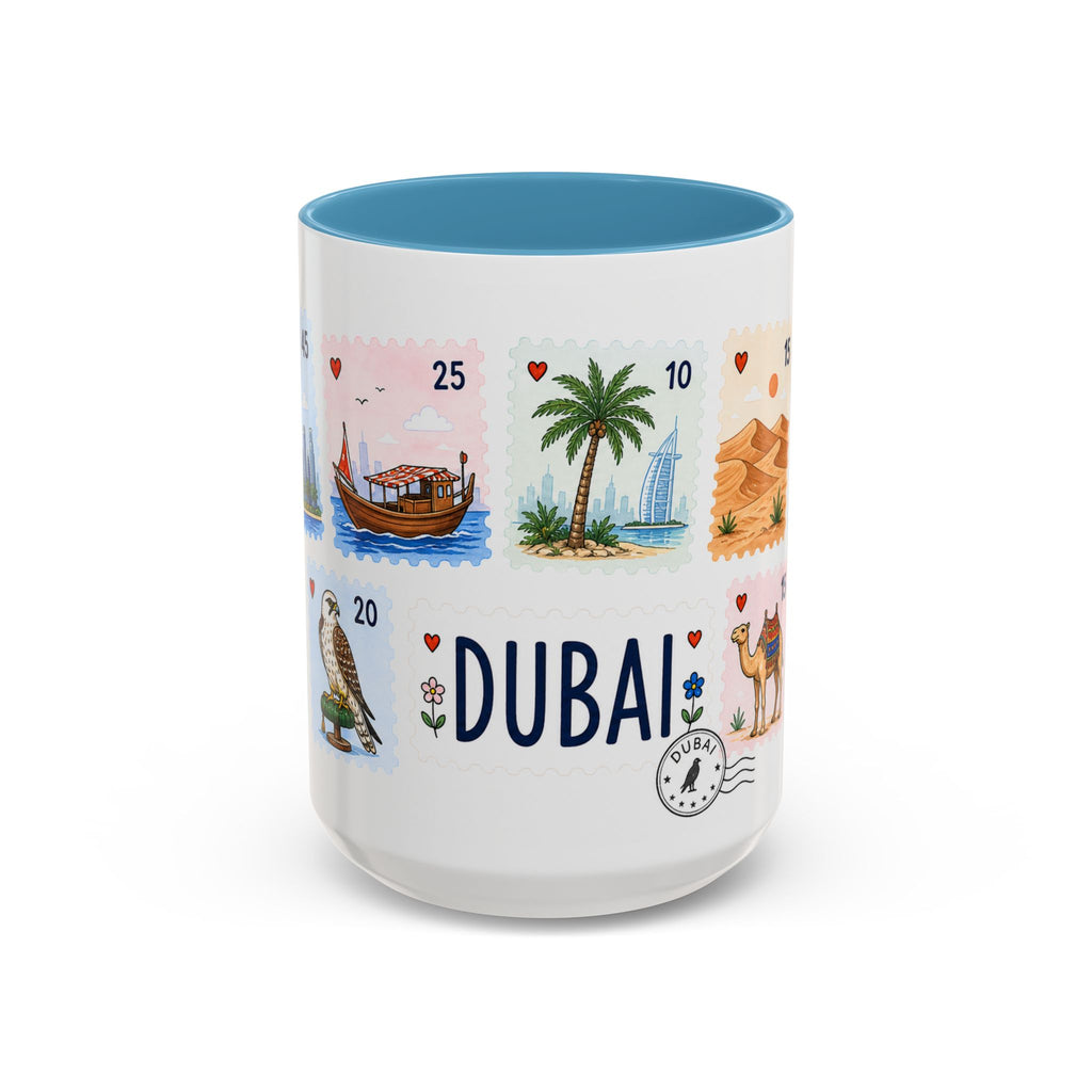 Dubai Coffee Mug | Postage Stamp Collage Mug | Travel Souvenir Accent Cup 11oz 15oz