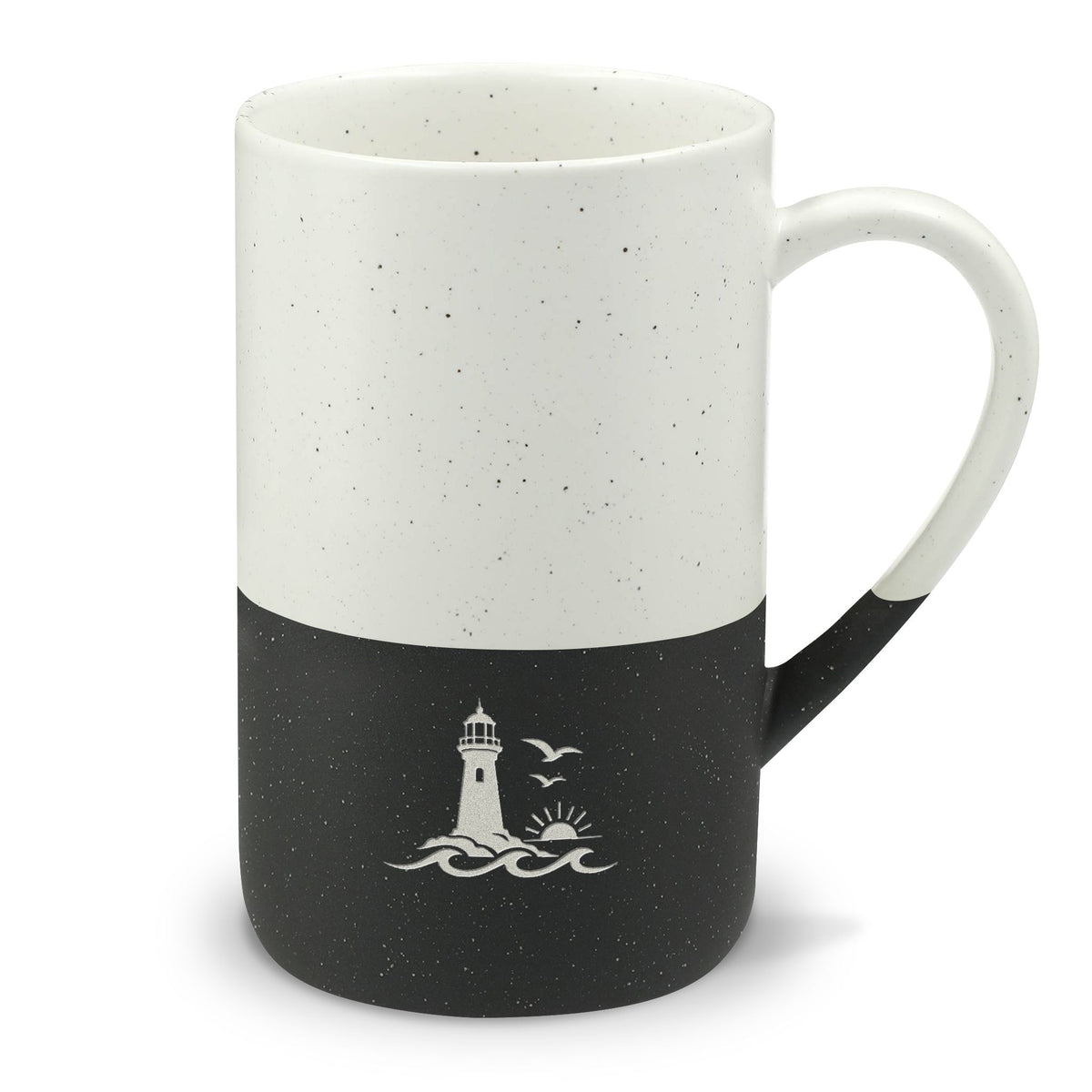 Coastal Lighthouse Engraved Speckled Ceramic Mug, 13oz, Minimalist Coffee Cup, Nature Inspired Gift