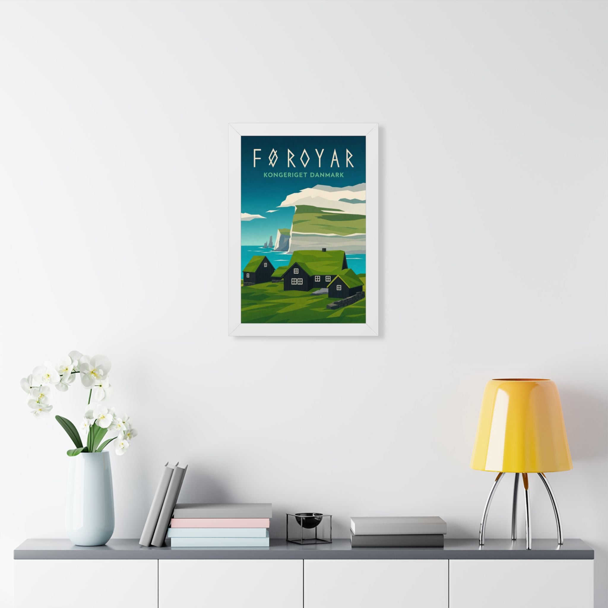 Faroe Islands Denmark Framed Poster | Vintage Travel Wall Art | Black Walnut White Frame | 16x24 20x30