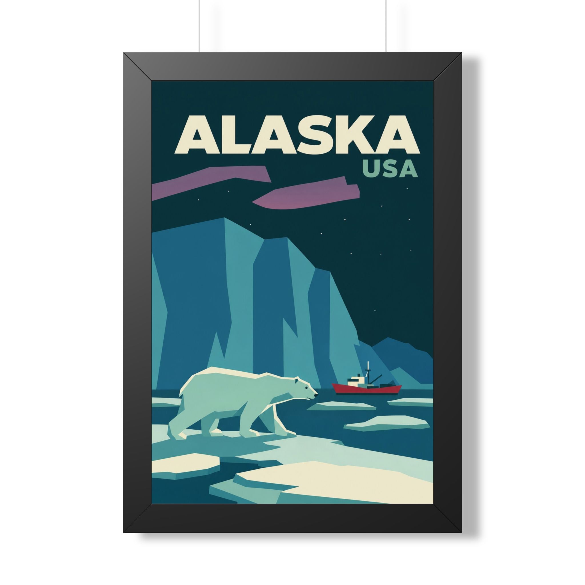 Alaska Polar Bear United States Framed Poster | Vintage Travel Wall Art | Black Walnut White Frame | 16x24 20x30