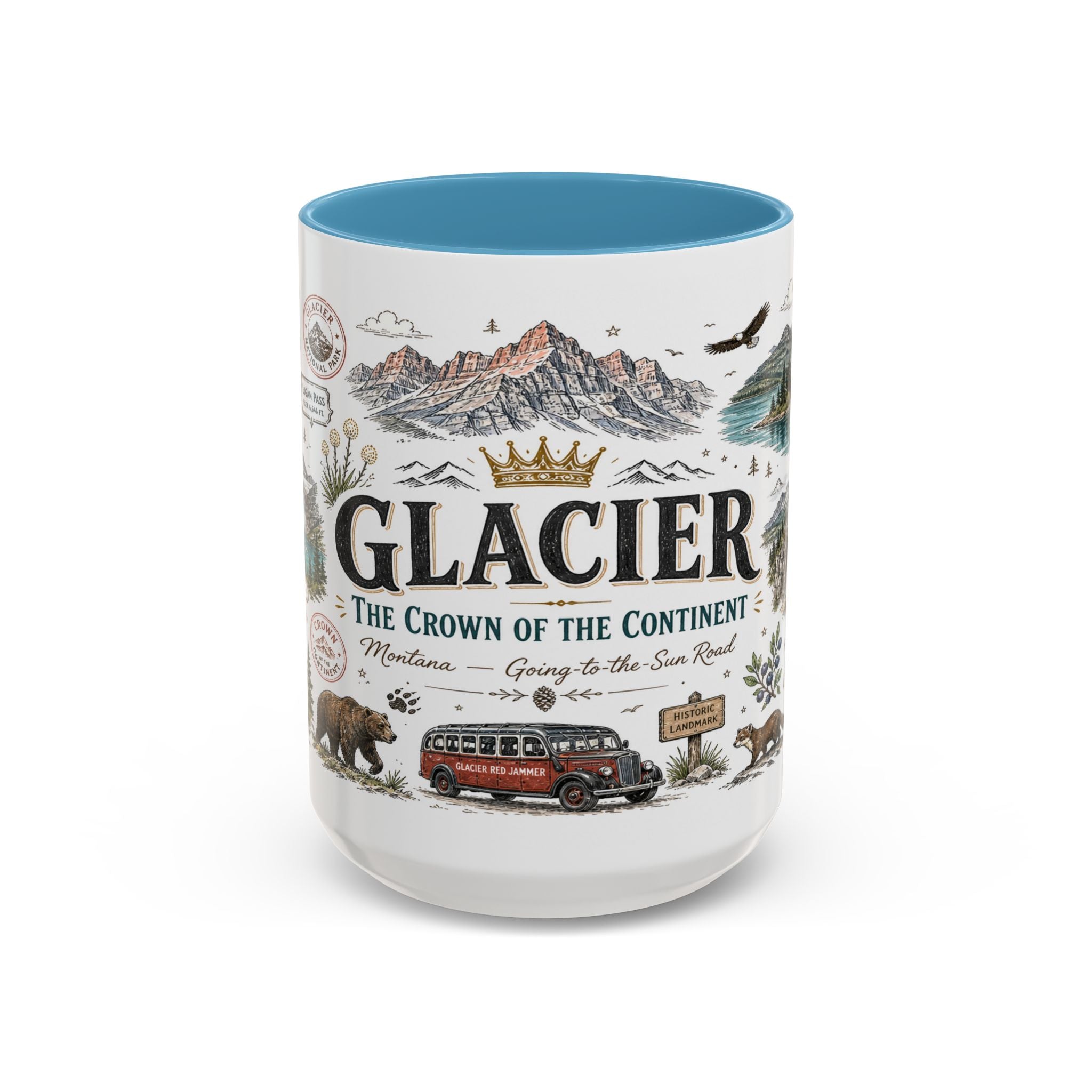 Glacier Coffee Mug | National Park Hiking Montana Gift | Accent Color Ceramic 11oz 15oz
