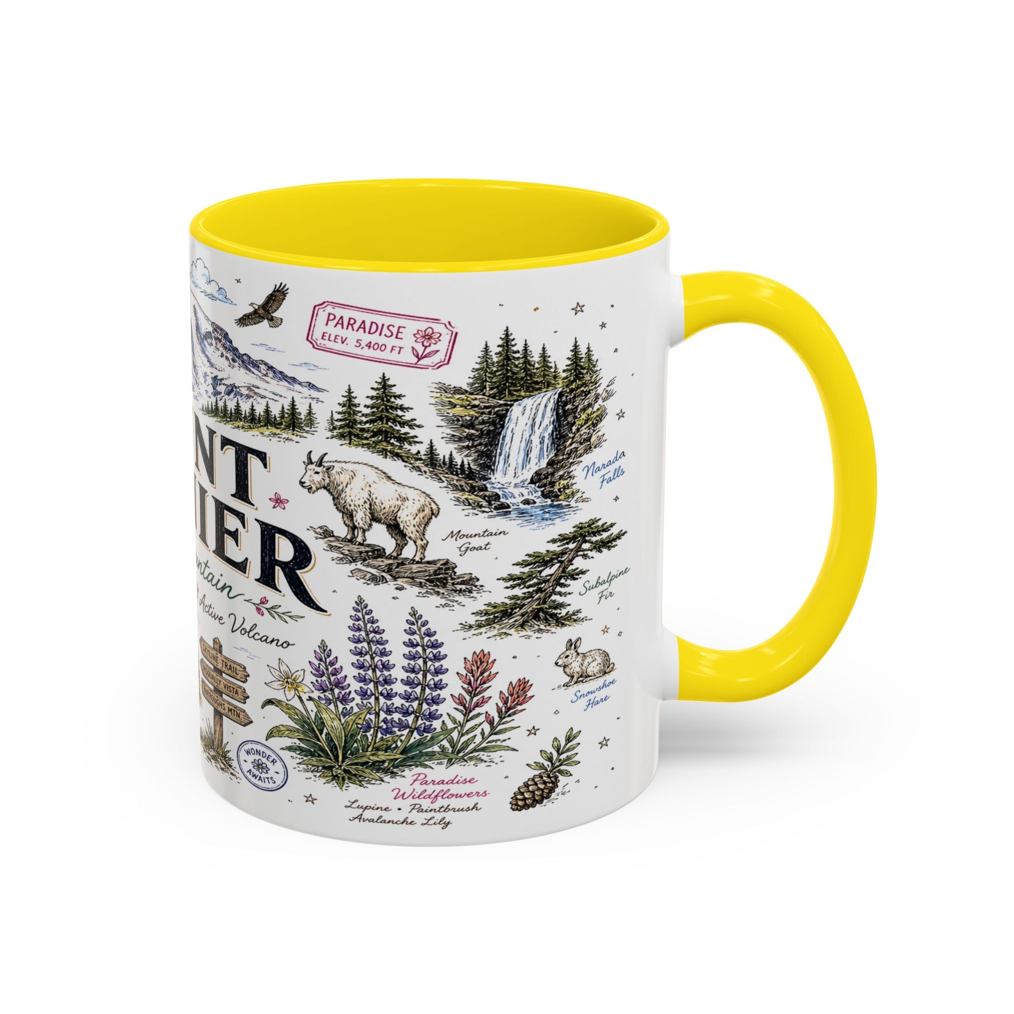 Mount Rainier Coffee Mug | National Park Hiking Washington Gift | Accent Color Ceramic 11oz 15oz