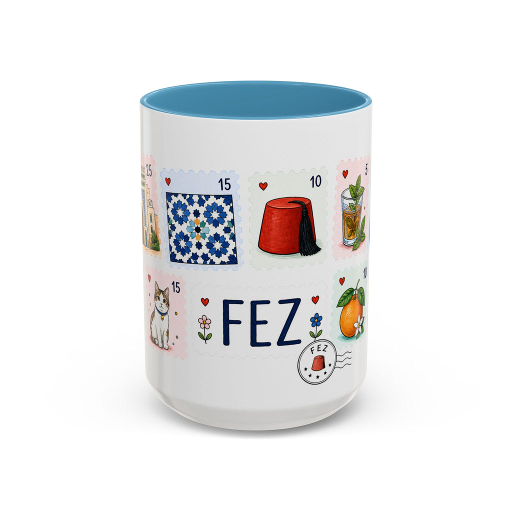 Fez Coffee Mug | Postage Stamp Collage Mug | Travel Souvenir Accent Cup 11oz 15oz