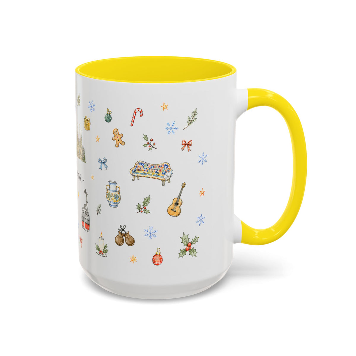 Barcelona Christmas Mug | Watercolor City Souvenir, Ceramic Coffee Cup (11oz/15oz)